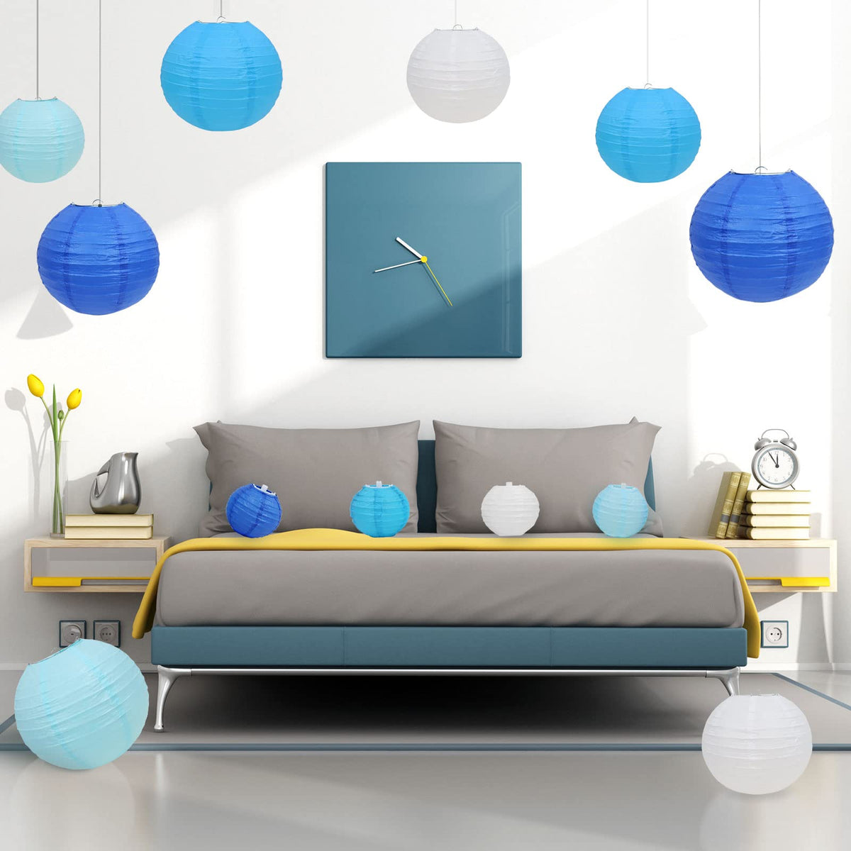 LURICO 16 Pcs Blue/White Paper Lanterns (Size of 4β, 6β, 8β, 10β) - Chinese/Japanese Paper Hanging Decorations Ball Lanterns Lamps for Home Decor, Parties, and Weddings