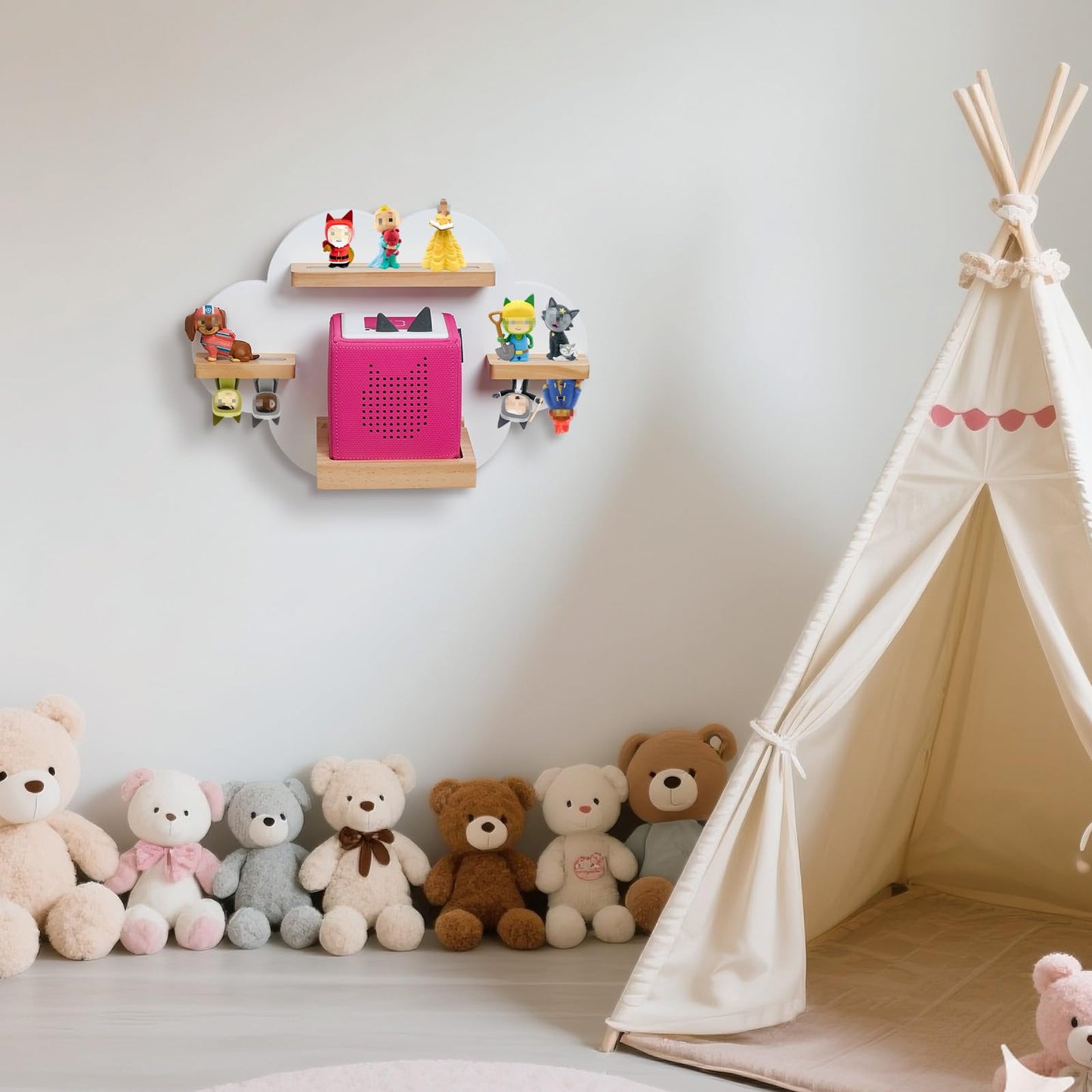 Cloud Toines Shelf, for TonieBox 1 and Toniebox 2 Tonies Wall Shelf Tonies Storage for 12-20 Toine Figures Characters Magnetic Shelf for Tonies Toniebox, Charging Station, Kids Play Room(White)