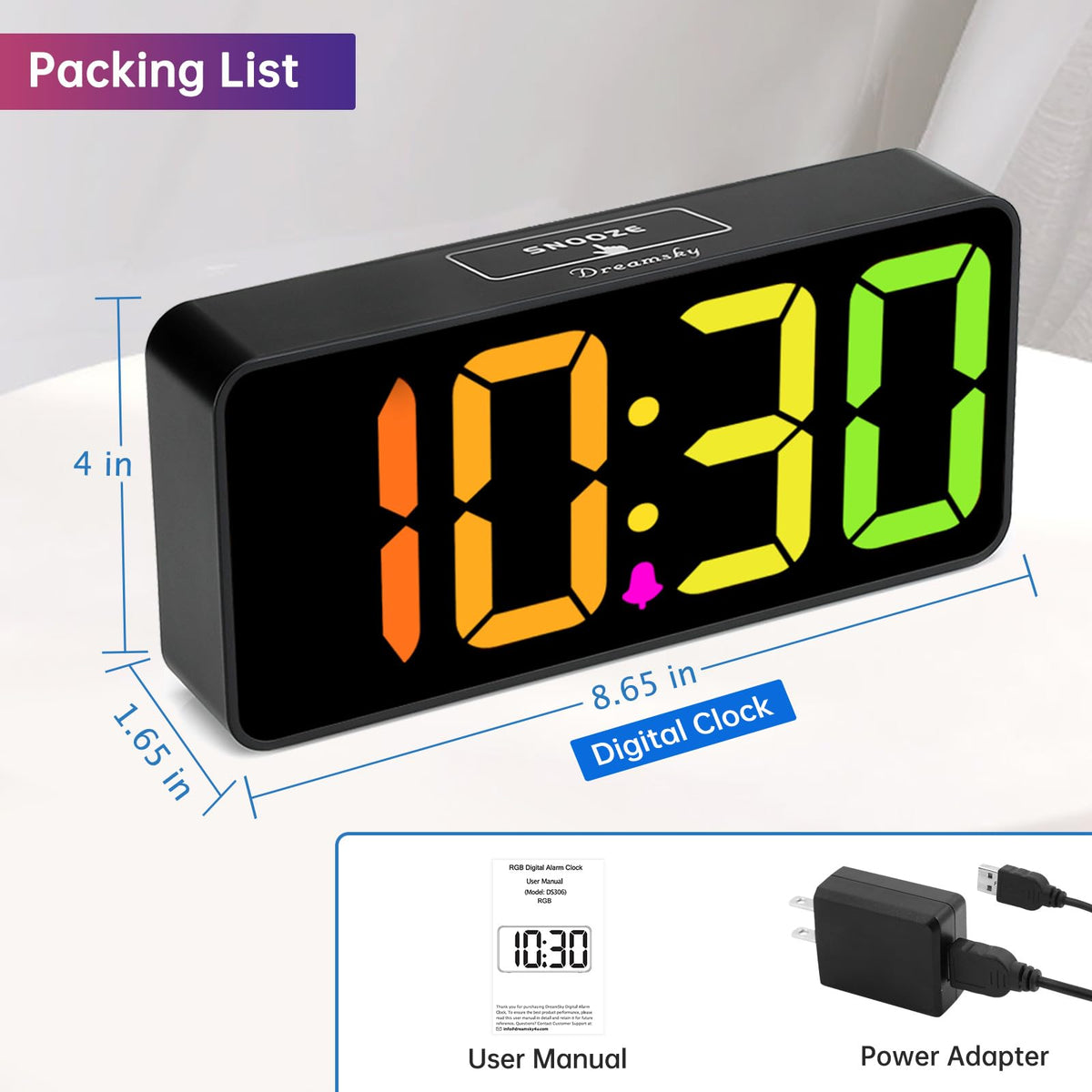DreamSky Large Digital Alarm Clock Big Numbers for Seniors & Visually Impaired, RGB 9 Inches Desk Clock for Bedroom, Dimmable Jumbo Display, USB Ports, Loud Alarm for Heavy Sleepers, Adjustable Volume