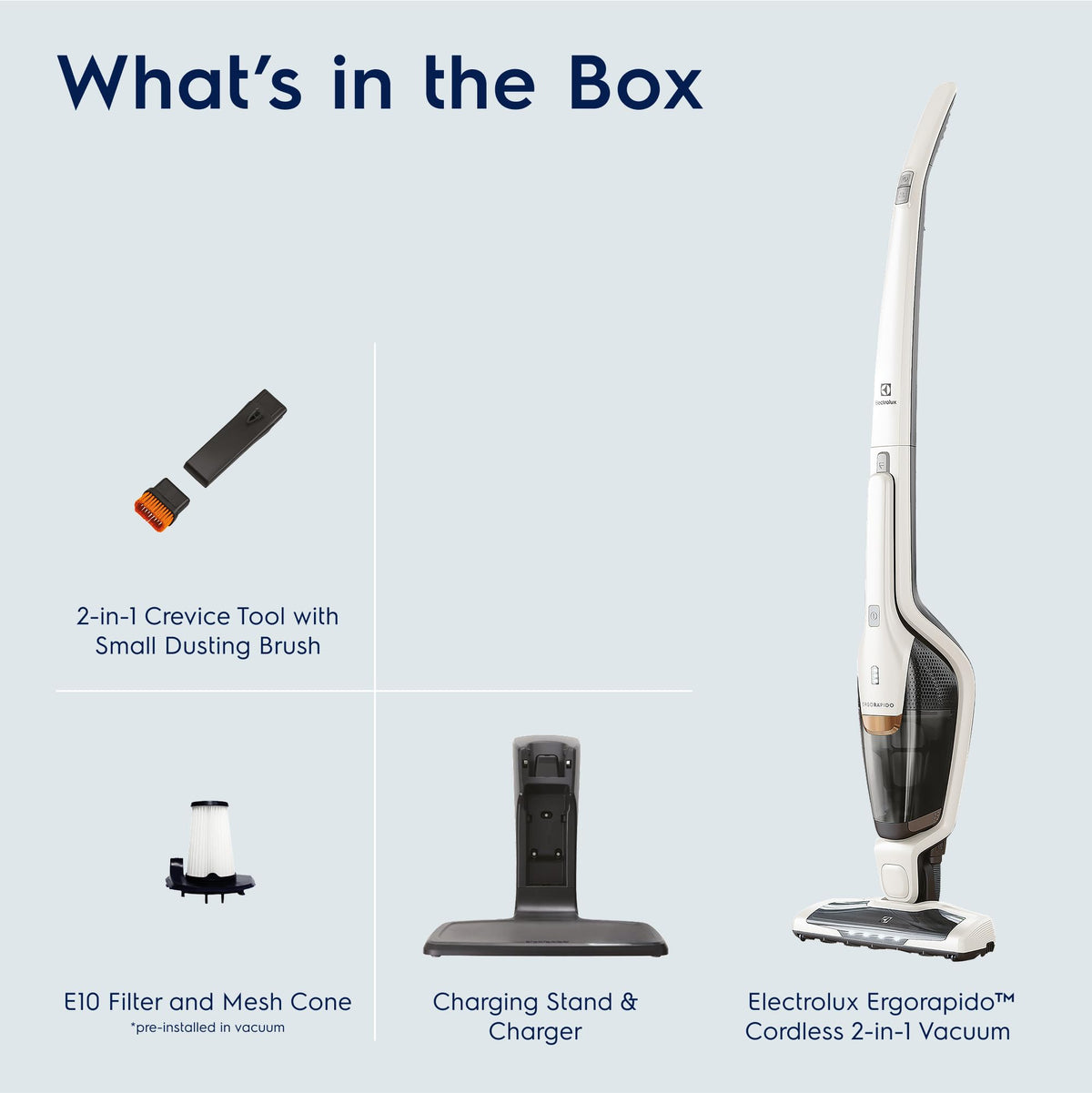 Electrolux Ergorapido Cordless 2-in-1 Vacuum Cleaner with High Suction Power and 180-Degree EasySteer Mobility, 48-Minute Run Time, 2 Power Modes, Satin White
