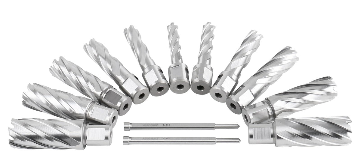 Accusize Industrial Tools 13 Pc 7/16'' to 1-1/16'' H.S.S. Annular Cutters, 2'' Cutting Depth, 3/4'' Weldon Shank, with 2 Pilot Pins, Strong Case, N2