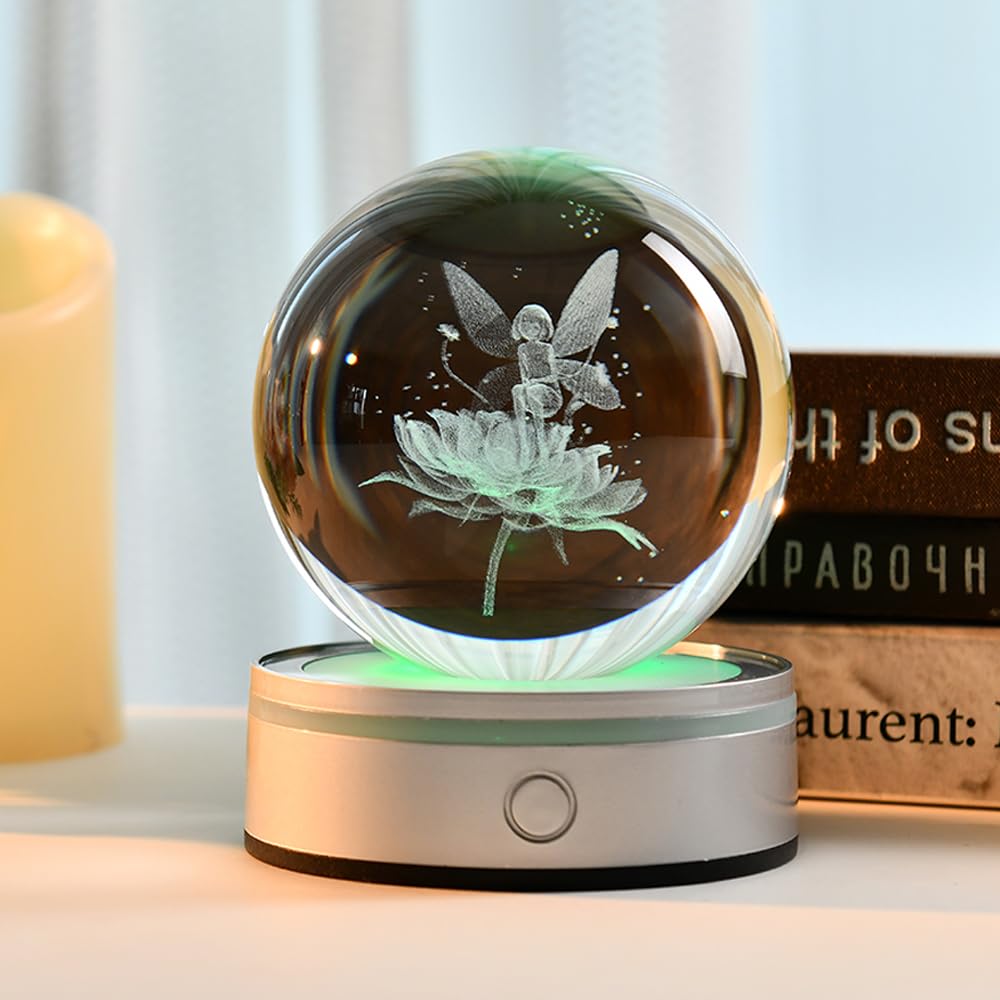 ZRENJHUS Fairy Gifts for Women 3D Fairy Crystal Ball Night Light Decorative Globe Gift for Girls with Lighting Base