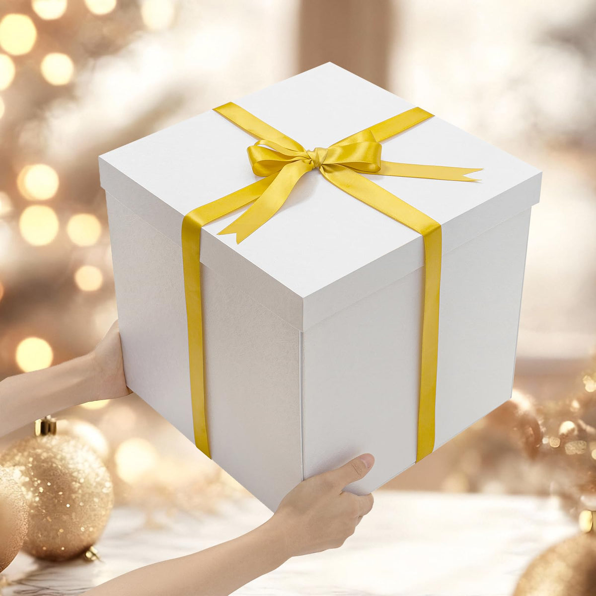 Mefleet Large Gift Box with Lid for Presents 12x12x12 Inches Extra Big Deep Square White Boxes 1 Pack for Christmas, Birthday, Valentine's Day, Mother's Day - Contains Crinkle Paper, Ribbon and Card