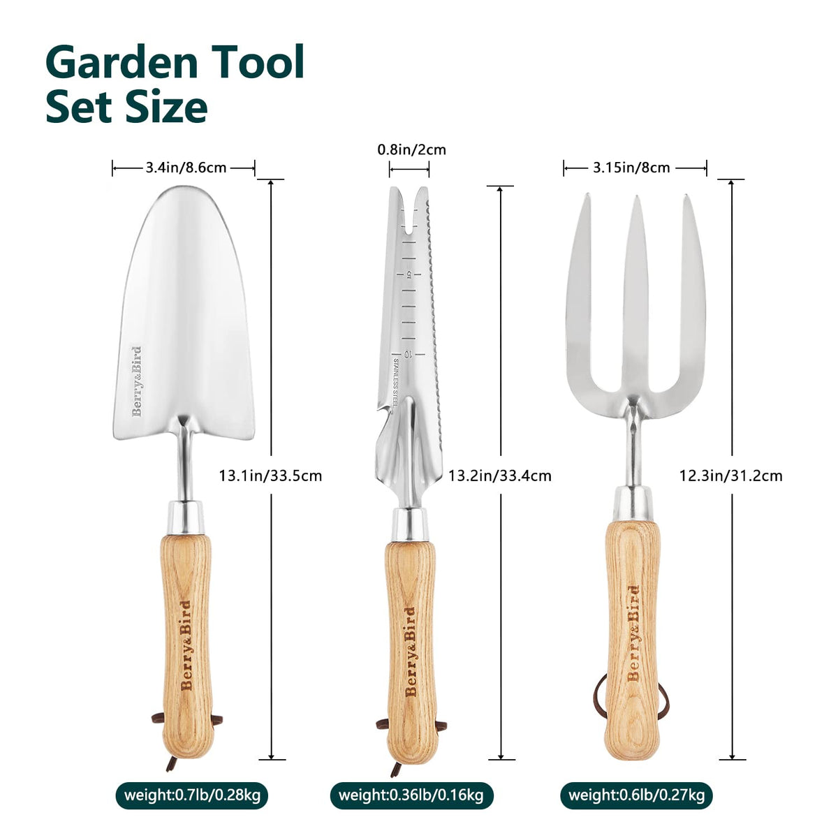 Berry&Bird Gardening Hand Tool Set - 3PCS Stainless Steel Garden Tool Kit Multifunctional Tool with Wooden Handle Trowel, Fork & Weeder for Weeding Planting Transplant, Ideal Garden Gift for Women&Men