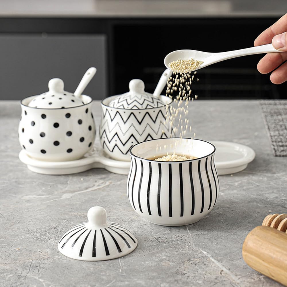 Ceramic Spice Jars Porcelain Condiment Jars Set with Spoon and Lid Condiment Pots for Salt, Sugar, Pepper Seasonings Set of 3 (White Ceramic Tray)