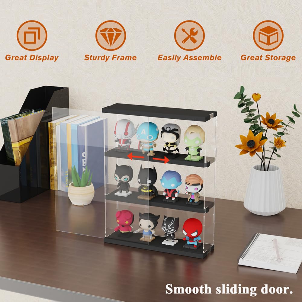 DuvinDD Acrylic Display Case for Collectibles, Wall Mounted Funko POP Shelves, Clear Figure Display Case with Sliding Door, Dustproof Hot Wheels Storage Box, Black(11.8x3.3x14.8inch)