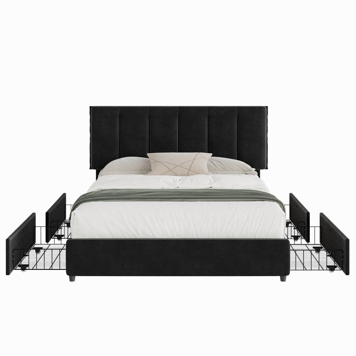 VECELO Queen Size Bed Frame with 4 Storage Drawers, Adjustable Height Headboard, Heavy-Duty Platform Bedframe with Strong Wooden Slats, No Box Spring Needed, Black