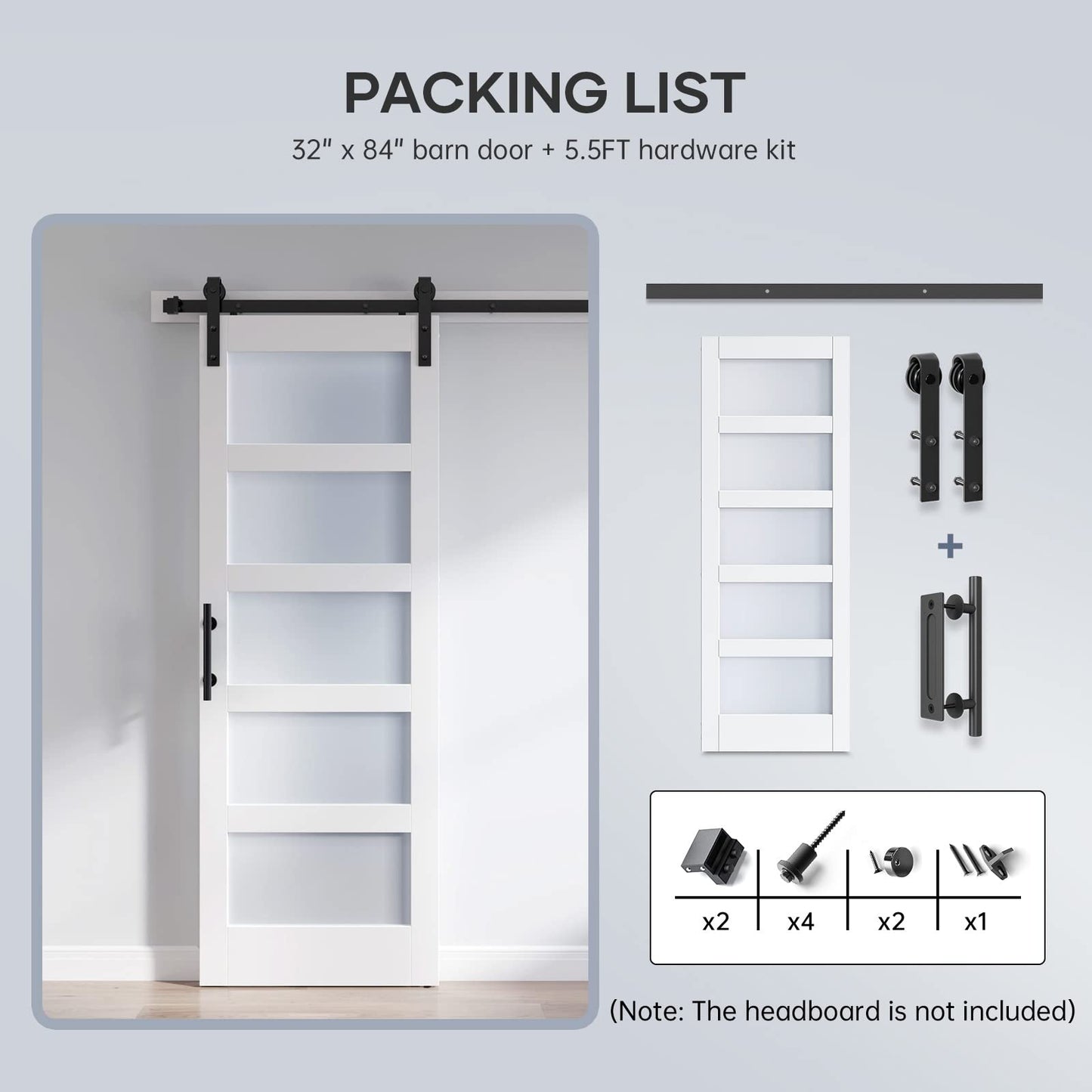 ROYMELO 32x84 Inch Glass Sliding Barn Door Slab and 5.5ft Hardware Kit Included, 5 Frosted Glass, LVL Wood Panel Covered with White Water-Proof Scratch-Proof PVC Surface, Simple DIY Assembly