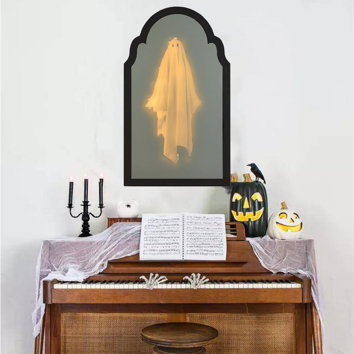 QIPECO Halloween Hologram Ghost Mirror with Creepy Eyes Night Light,Halloween Ghostmirror Spooky Halloween Haunted House Decor,Black Wood Frame (L)
