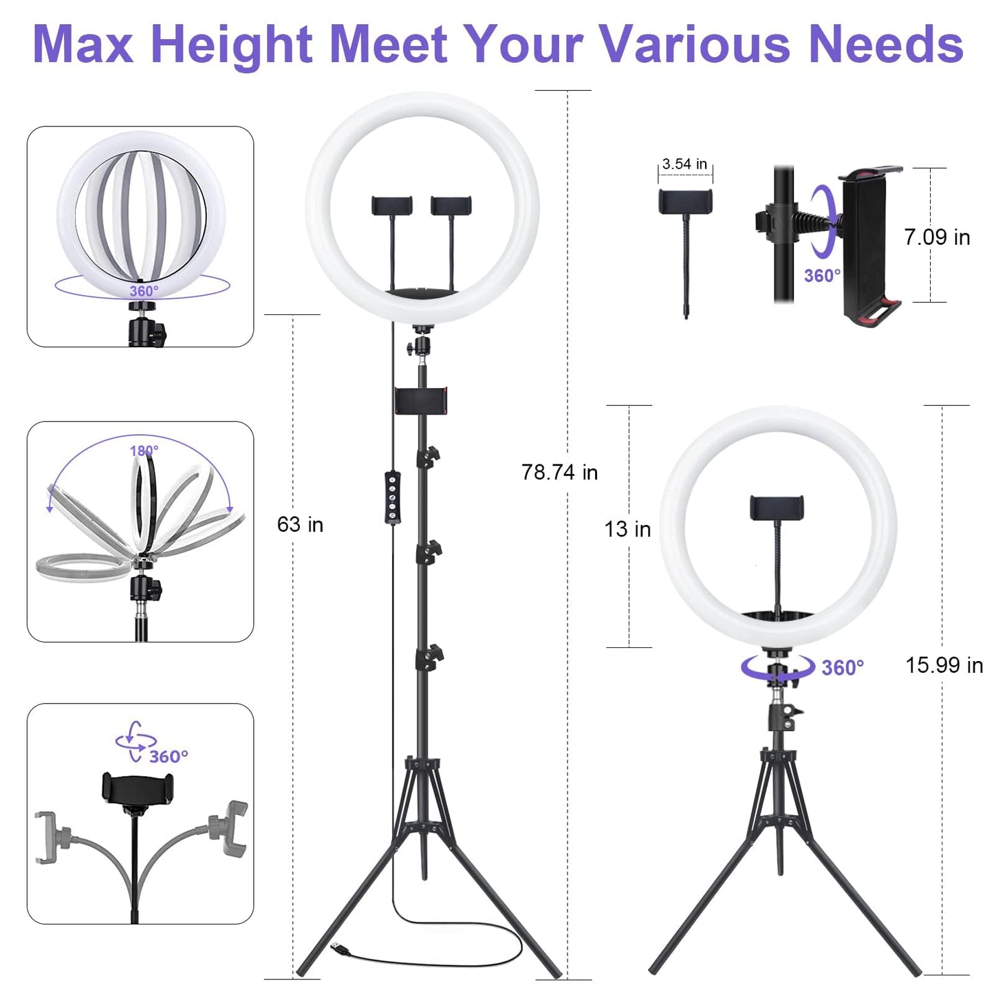 Herrfilk 13" Ring Light with Tripod Stand & Phone Holder, LED Ring Light for Phone with 3 Light Color Temperatures, 12 Brightnesses, 48 RGB Light Modes, Ringlight for Selfie, YouTube, Tik Tok