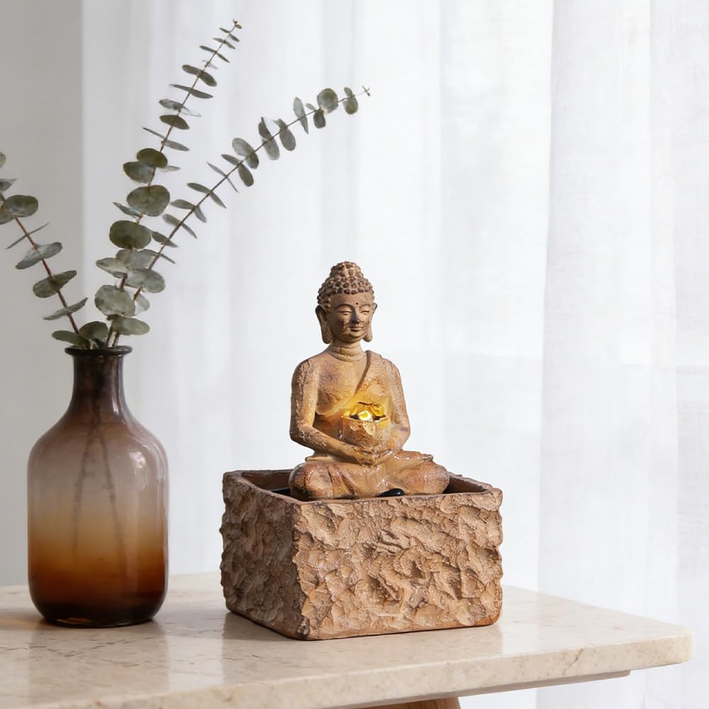Indoor Tabletop Fountain, Zen Buddha Statue with LED Light Waterfall Fountain, ON/Off Switch with Pebbles, Modern Desktop Water Feature, Meditation Relaxation Decor for Home Office (Buddha Brown)