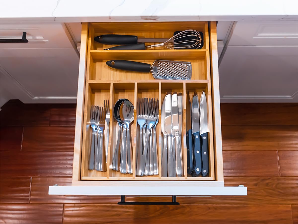 Umilife Bamboo Kitchen Drawer Organizer, 13 Inch Silverware Utensil Tray Holder, Extra Deep Grooved Drawer Divider, 7 Slots Total Bamboo Wood Caddy for Flatware Cutlery Knives, Forks, Spoons