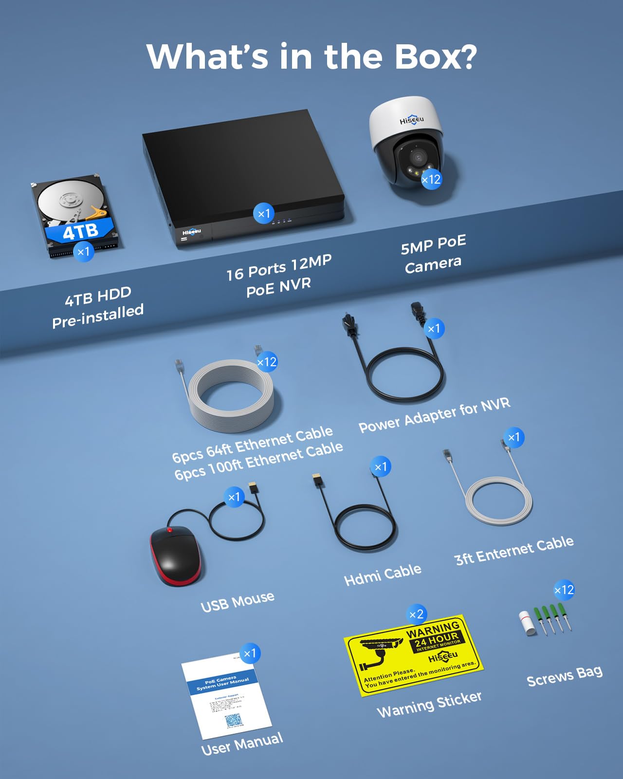 【360°View】 Hiseeu 12MP NVR 12 Pcs 5MP PoE PTZ Cameras, 350°Pan 90° Tilt,Auto Human Tracking, Human Vehicle Detect, 2 Way Audio, 7/24 Record&Playback,4TB HDD for Home Surveillance Outdoor Indoor