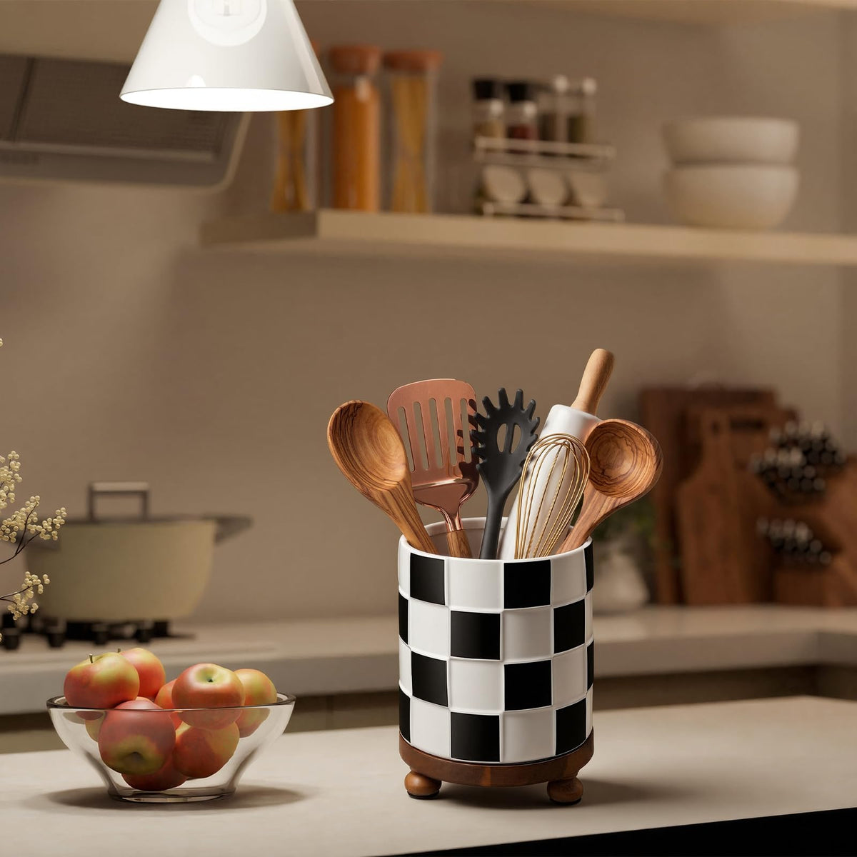 Ferrochef Kitchen Utensil Countertop Holder Checkered Utensil Crock with a Wooden Base 7.5 Inch Organizer Country Style Decorative for Storing Spoons Spatulas and Pot Spatulas