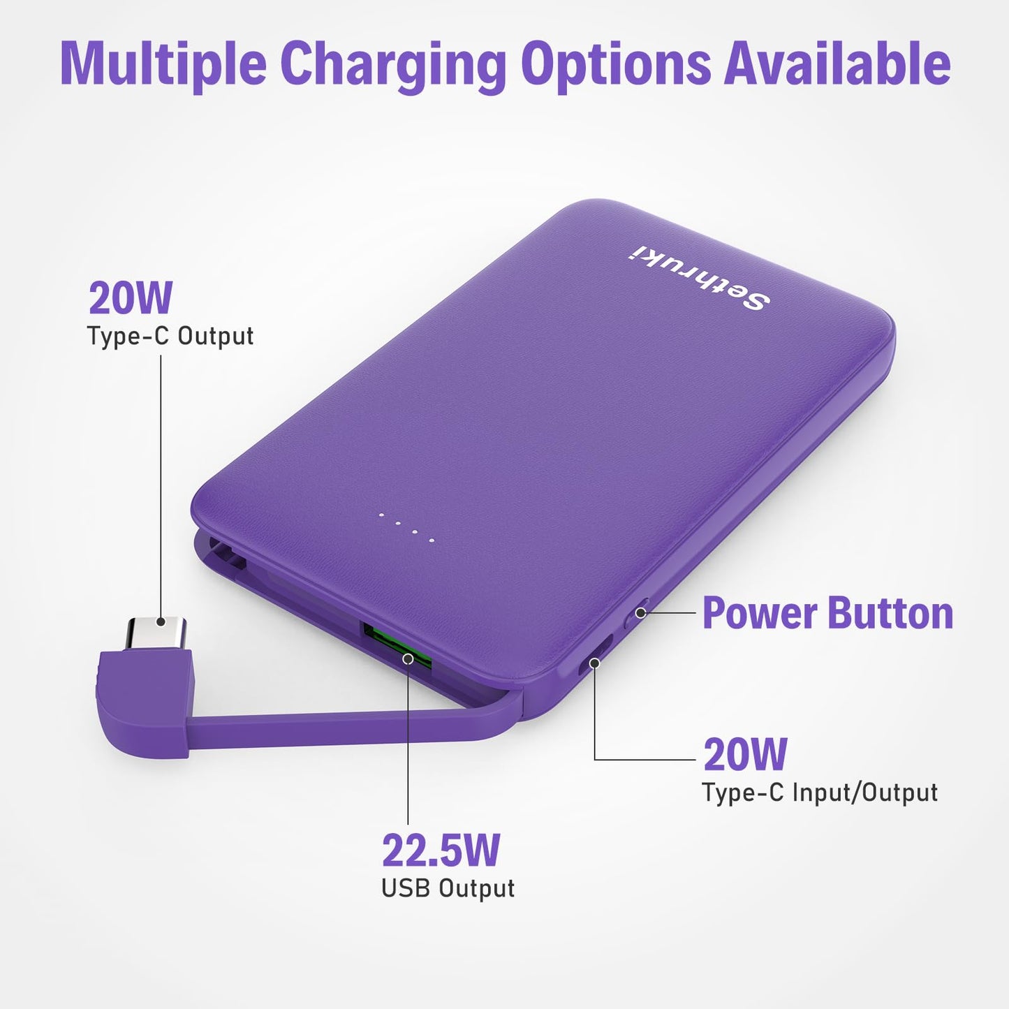 Slim Portable Charger with Built in USB C Cable,20W Fast Charging Power Bank,Small Mini Lightweight Phone Battery Pack 6000mAh,Ultra Thin Travel Essentials for iPhone 17 16 15 Series,Samsung,Android
