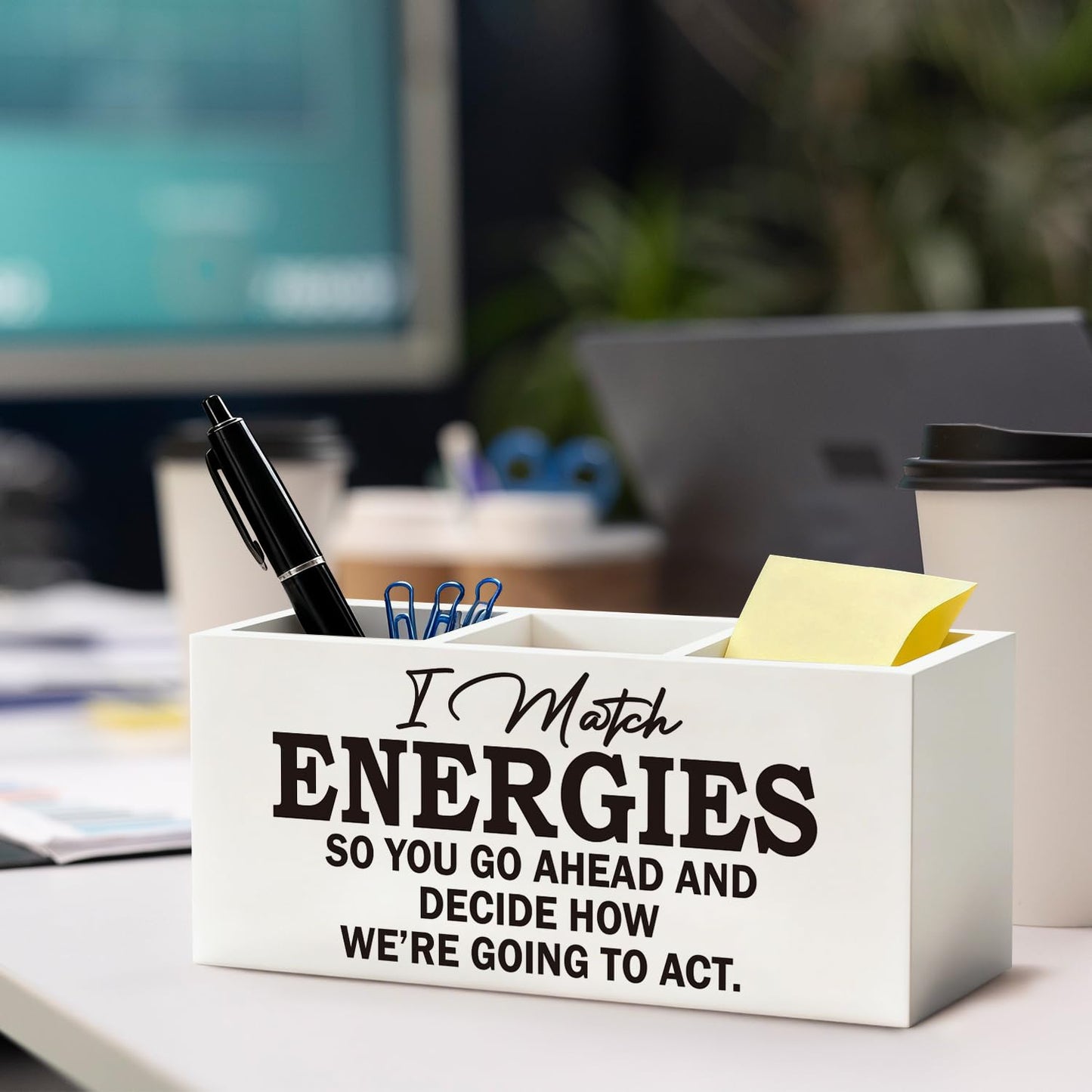 ELMCH Inspirational Office Pen Pencil Holder, Inspirational Gifts for Women Men Wood Desk Organizer and Accessories, I Match Energies Motivational Pen Holder Desk Organizer for Office Tabletop