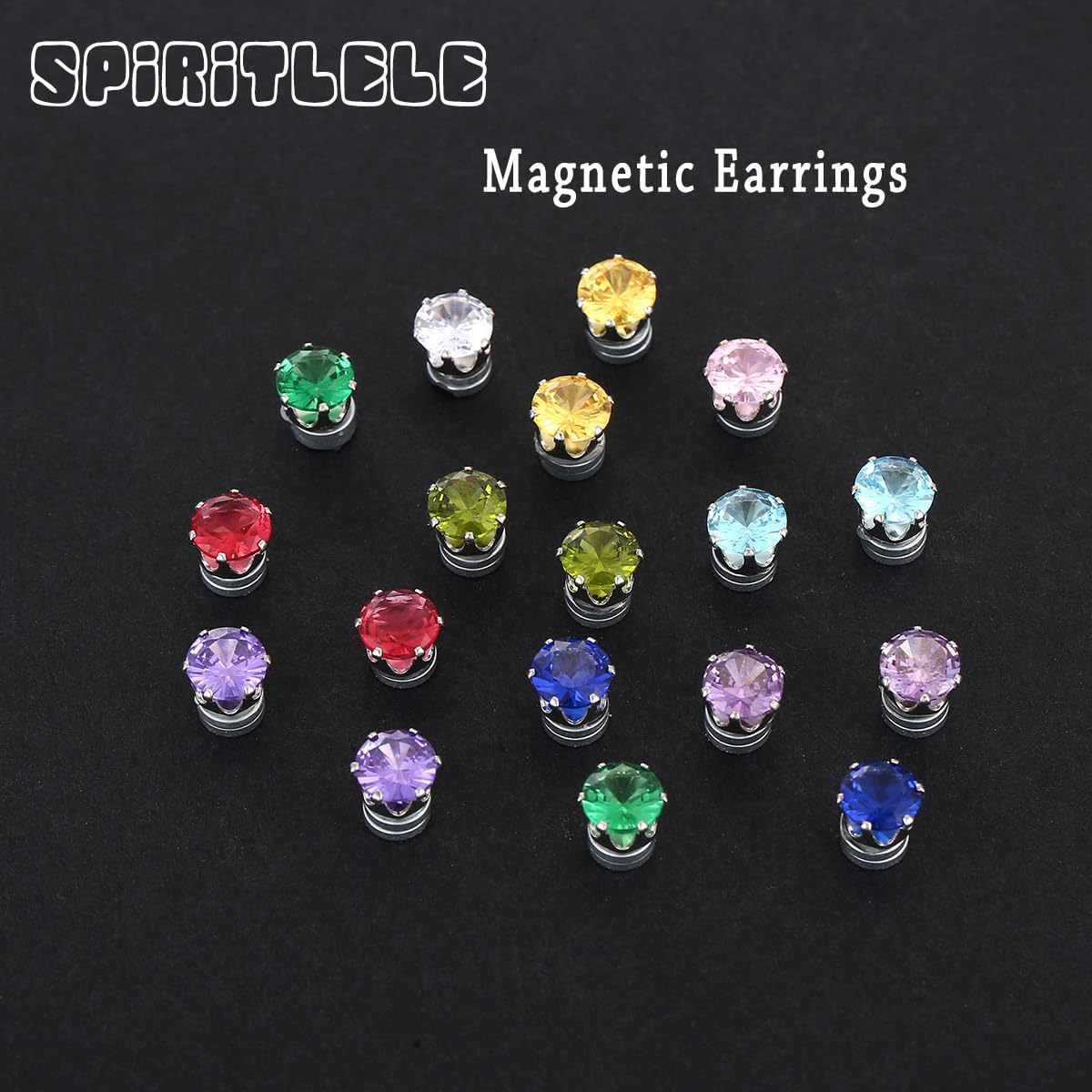 Spiritlele 12 Pairs Birthstone Magnetic Earrings Set Cubic Zirconia Clip on Non Piercing Fake Stud Earrings Birthday Gifts Unisex (Circle)