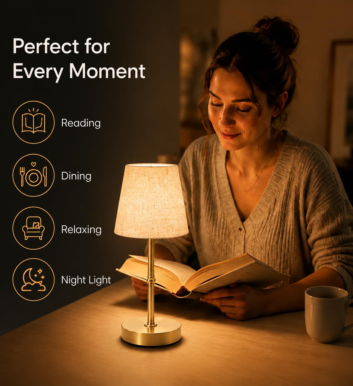 FAPEMIH Cordless Rechargeable LED Table Lamp, 6000mAh Battery, Soft Warm Light, Dimmable & Touch Control, Bedside & Dining Night Light, Portable Cozy Ambient Lamp,Gold