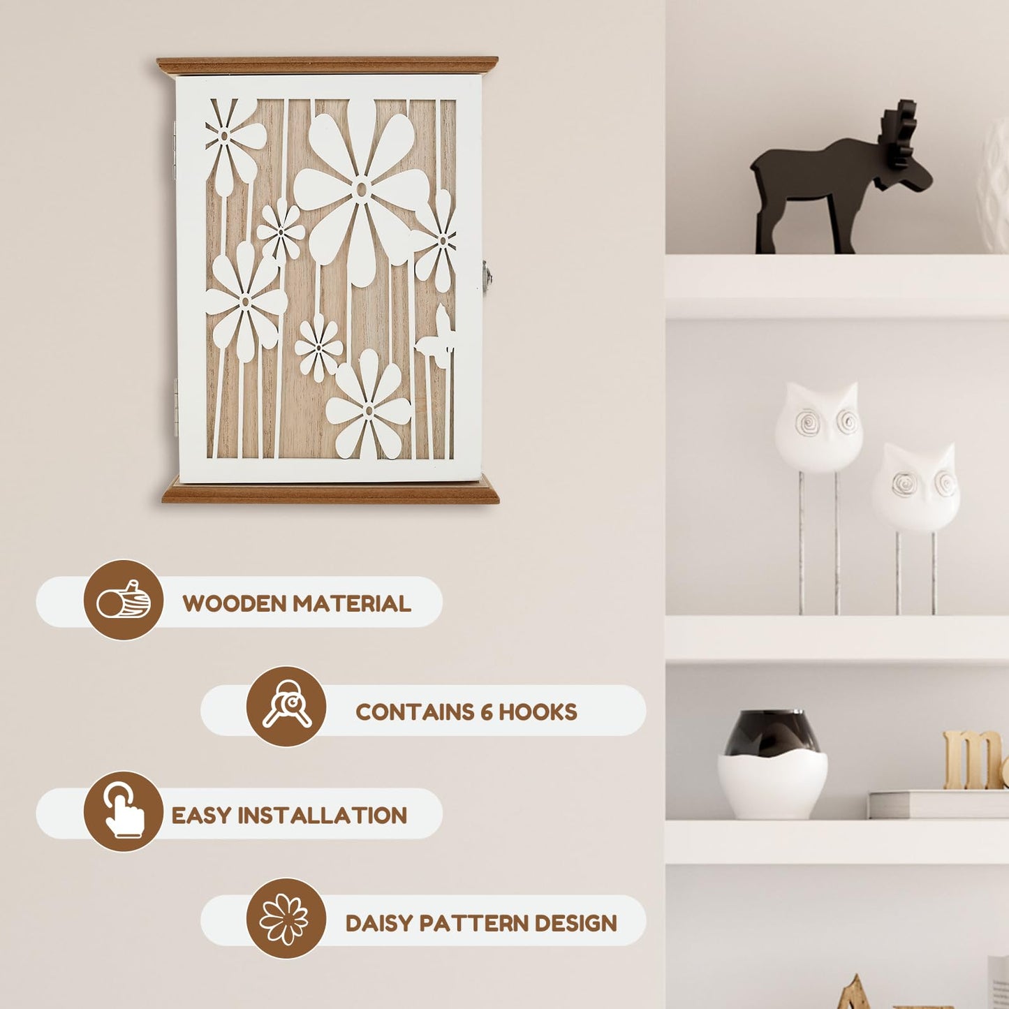 Kandishiex US Wooden Key Box Wall Mount Wooden Key Holder Decorative Wall Key Hanger with 6 Key Hooks Rustic Key Cabinet Key Organizer Entryway Key Holder for Wall Entryway Hallway(Style 1)
