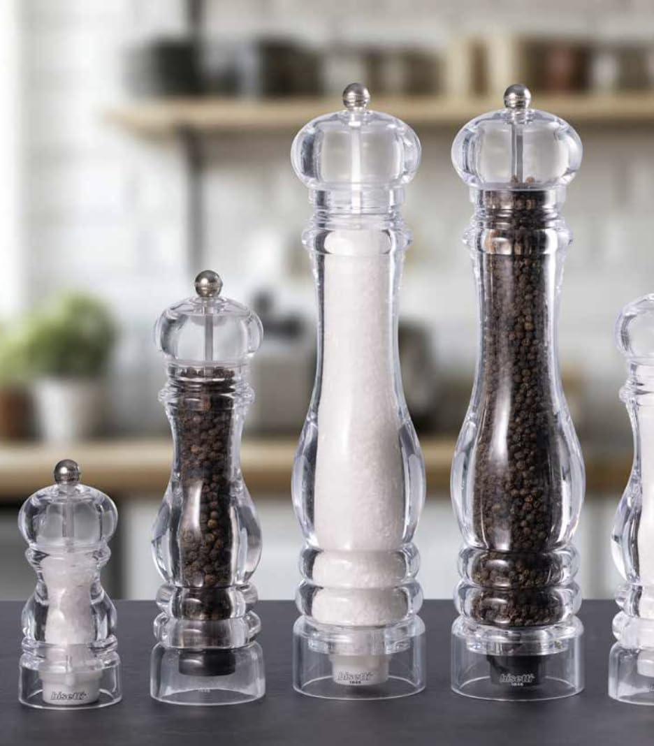 Bisetti Milano Clear Acrylic Salt Mill with Adjustable Grinder, 12 cm / 4.7 Inches, Ceramic Mechanism, Made in Italy