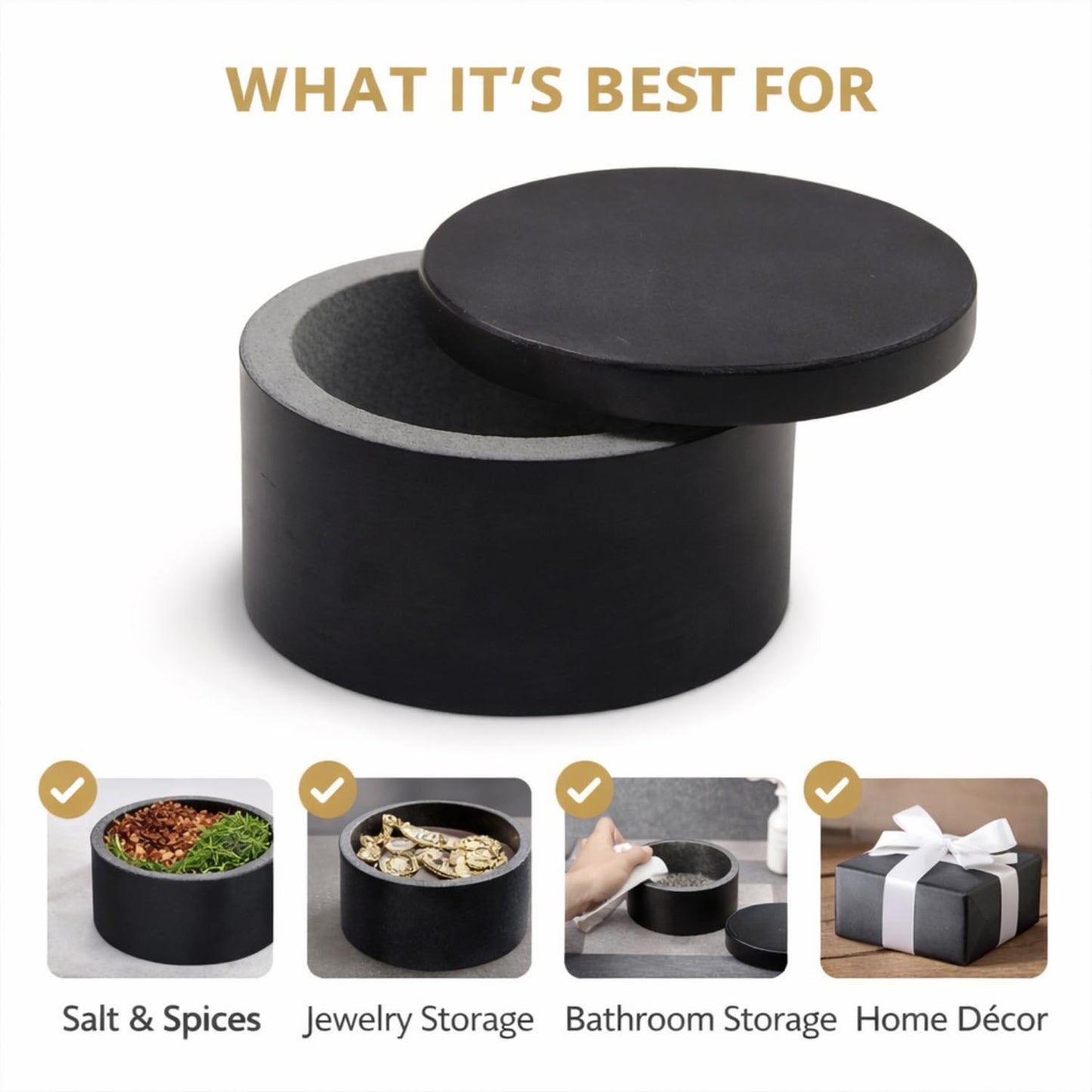 KC KULLICRAFT Unique Salt and Pepper Box Elegant Round Marble Black Salt Box With Lid For Salt, Spice and Herbs Storage. Perfect Container To Store (3.5 X 3.5 X 2 INCH)