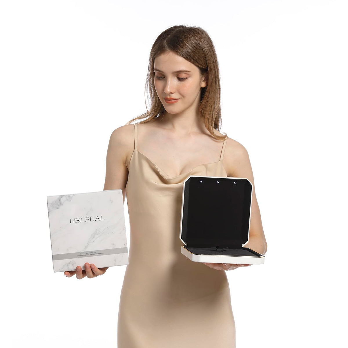 HSLFUAI Necklace Organizer with Led Light,Jewelry Box for Necklace, Necklace Box Gift,Jewelry Gift Box for Wedding, Birthday, Valentine' Day, Mother'S Day, Christmas(Gold)