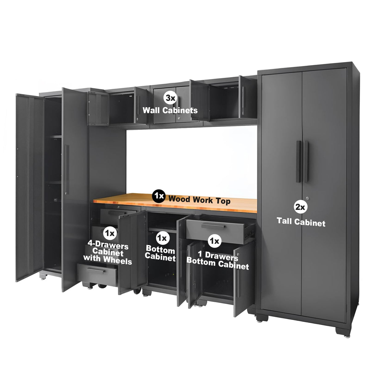 Torin Garage Cabinets Storage System, 9 Piece Included Steel Drawers Rolling Chest,Locked Storage Cabinet, Perfect for Organizing Garage and Tools, Black/Grey