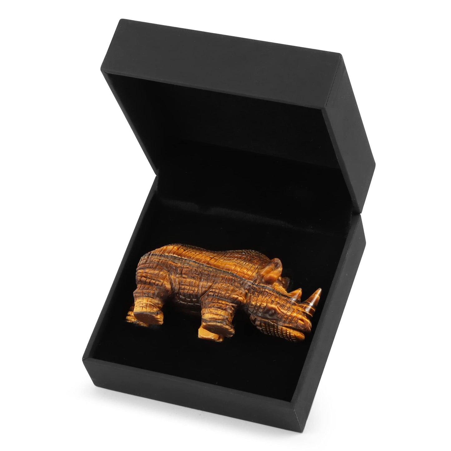Artistone Tiger Eye Crystal Rhino Statue Hand Carved Gemstone Handicraft Healing Rhinoceros Animal Carving Figurine Sculpture Collectible Reiki Stones for Home Bookshelf Office Decor(3Inches)