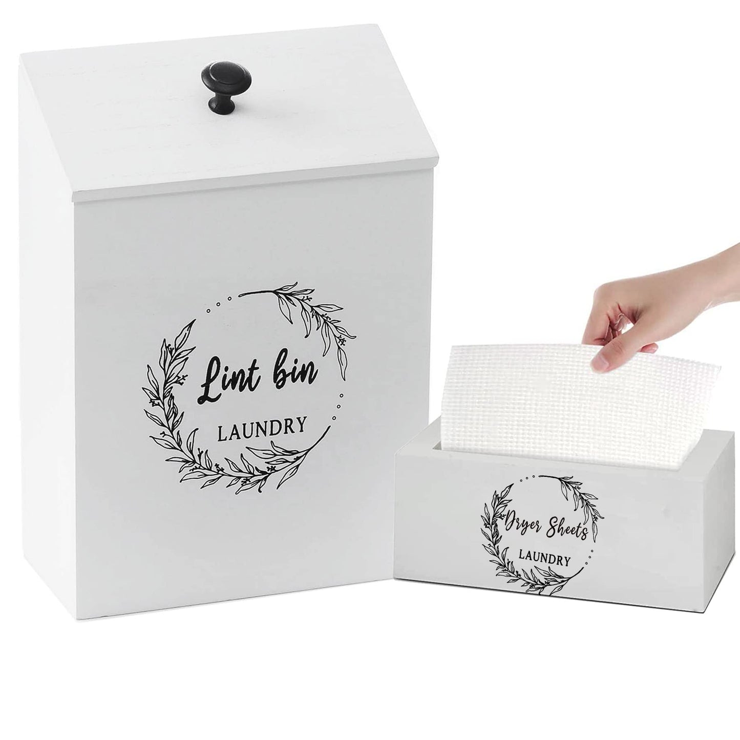 Magnetic Lint Bin and Dryer Sheet Holder Set for Laundry Room, Farmhouse Wooden Lint Trash Can with Lid and Dryer Sheet Dispenser Box Magnetic for Mounting on Dryer,Stylish Laundry Room Organiz(White)