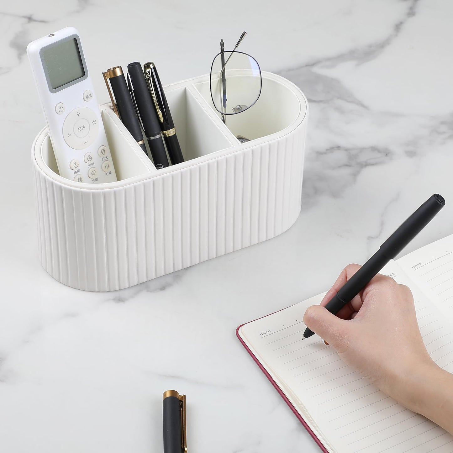 MEIBOOCH Oval Pen Holder for Desk, Remote Control Holder with 3 Compartments, PU Leather Small Desk Organizer Remote Caddy, Aesthetic Pencil Holder Desk Accessories for Home Office (Ivory)