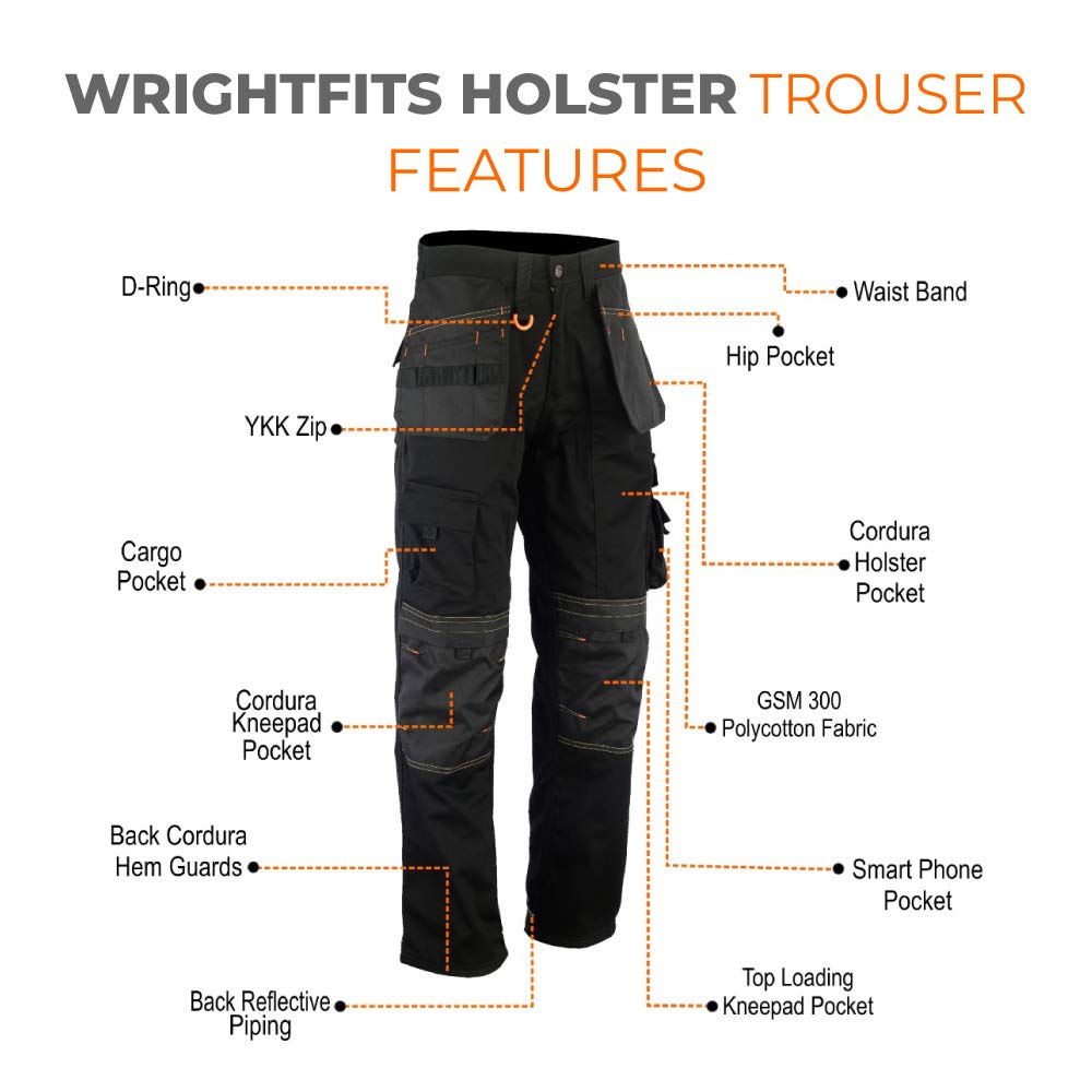 WrightFits Men Holster Work Trousers Black - Heavy Duty Safety Combat Cargo Pants - Multi Pockets - Knee Pad Pockets - Triple Stitched - Durable Workwear (32W X 29L)