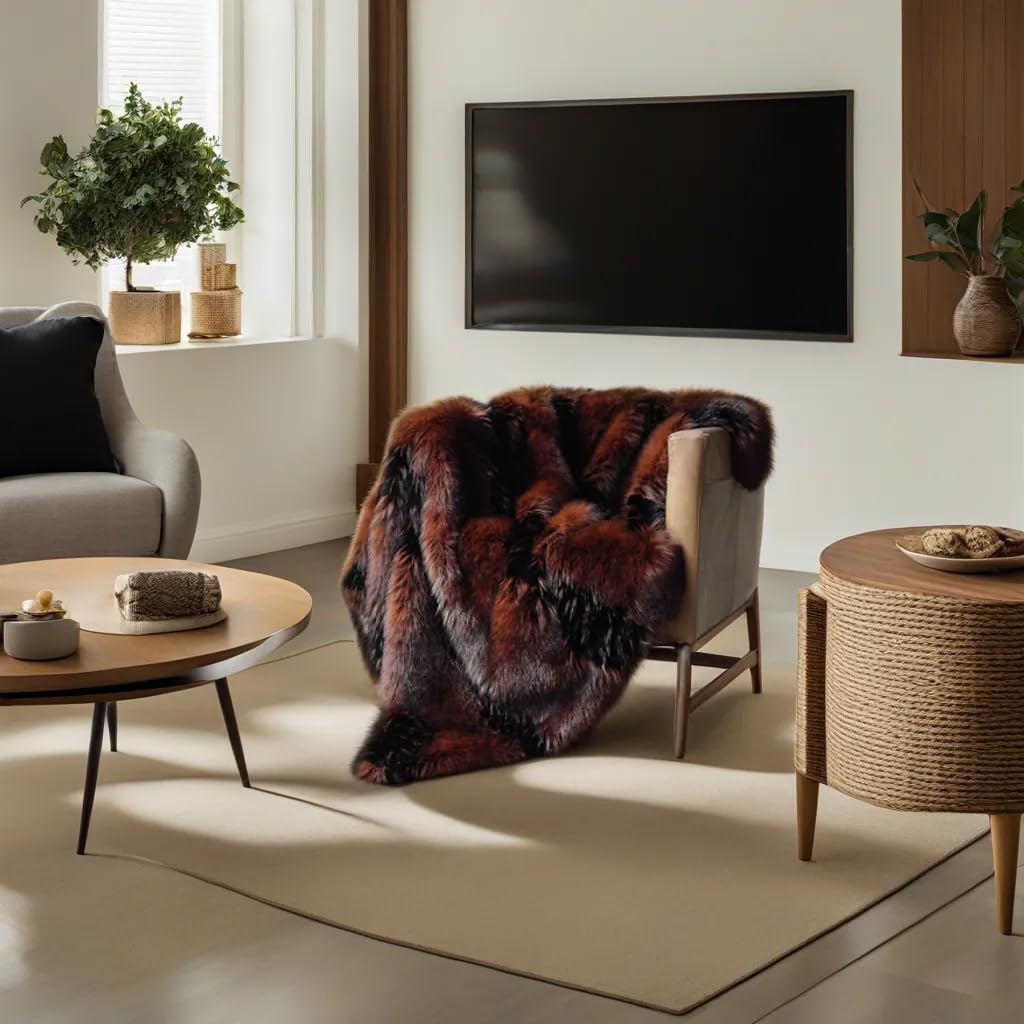 inchgrass Fox Faux Fur Blanket Luxury Fur Throw Blanket Sofa Fluffy Blanket Super Warm Elegant Cozy Fuzzy Throw Blankets for Couch,Armchair and Bed Washable Plush Blankets 74"x90" Brown Throw Blanket