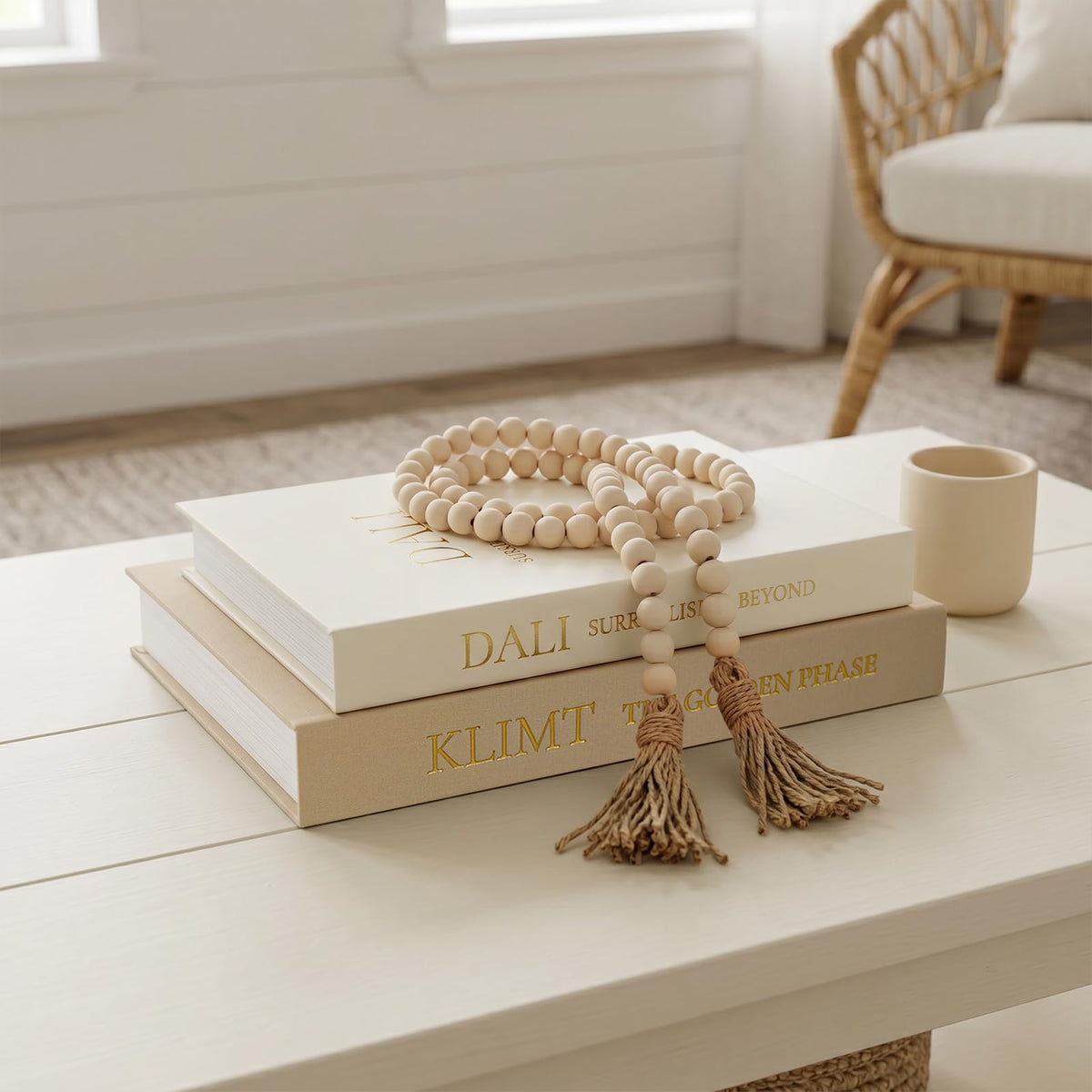 Fveuc 3-Piece Decorative Books for Home Decor with Wood Bead Garland - Stackable Linen Faux Book Box for Coffee Table Styling, Real Fabric Cover Fake Books with Tassel as Display Riser for Shelf