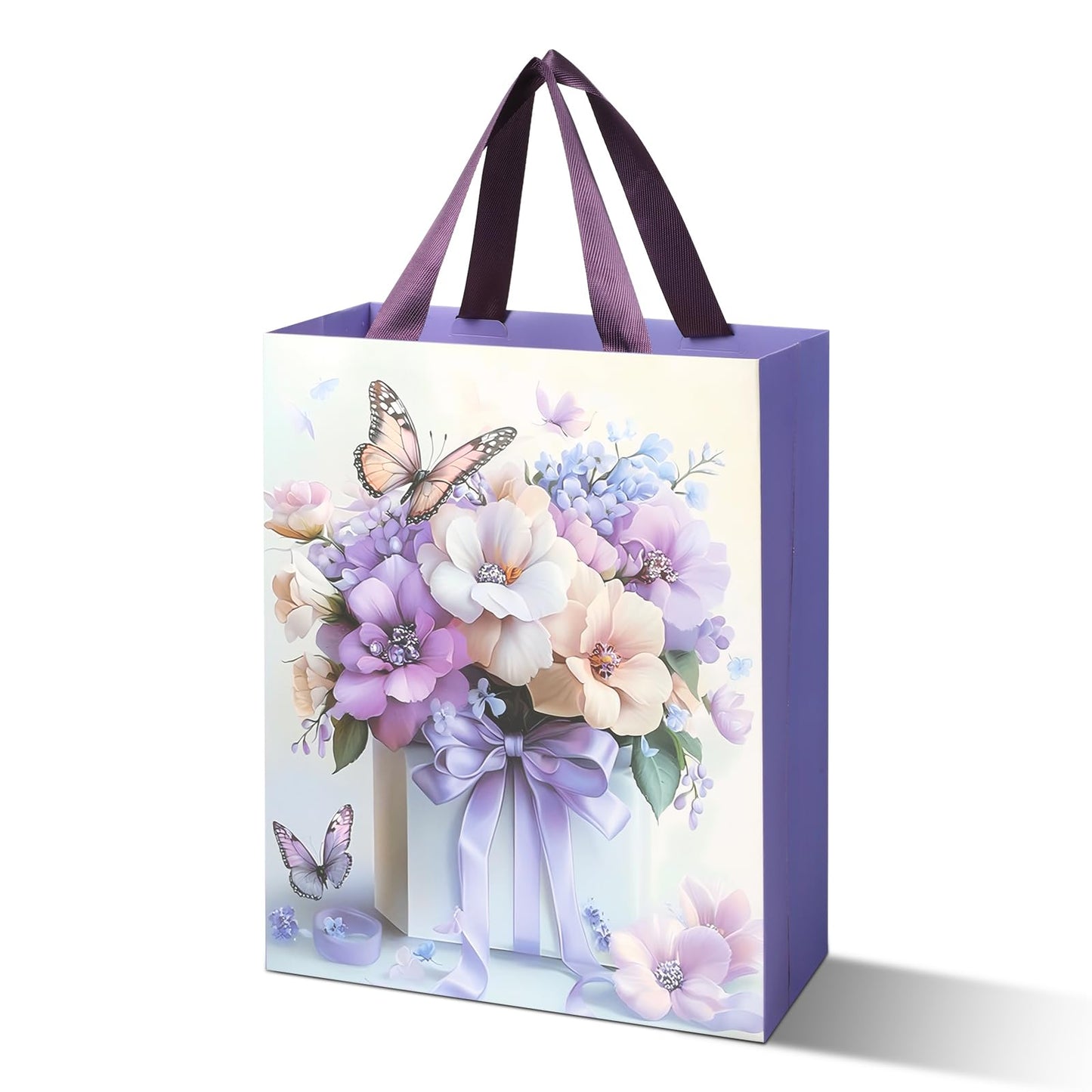 Premium Gift Bags Set of 3 – Elegant Design with Ribbon Handles, Gift Bags for Birthdays, Weddings, Holidays & Special Occasions (Purple Floral)
