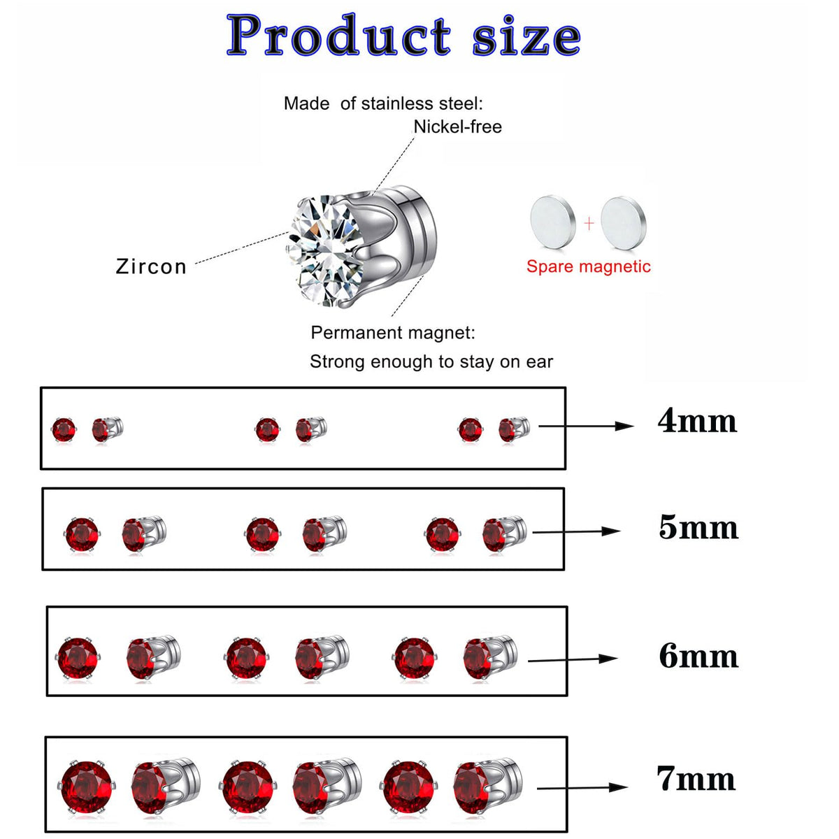 Spiritlele 12 Pairs Red Small Big Cubic Zirconia Magnetic Earrings Clip on Non Piercing Earrings Set Unisex 4MM-7MM