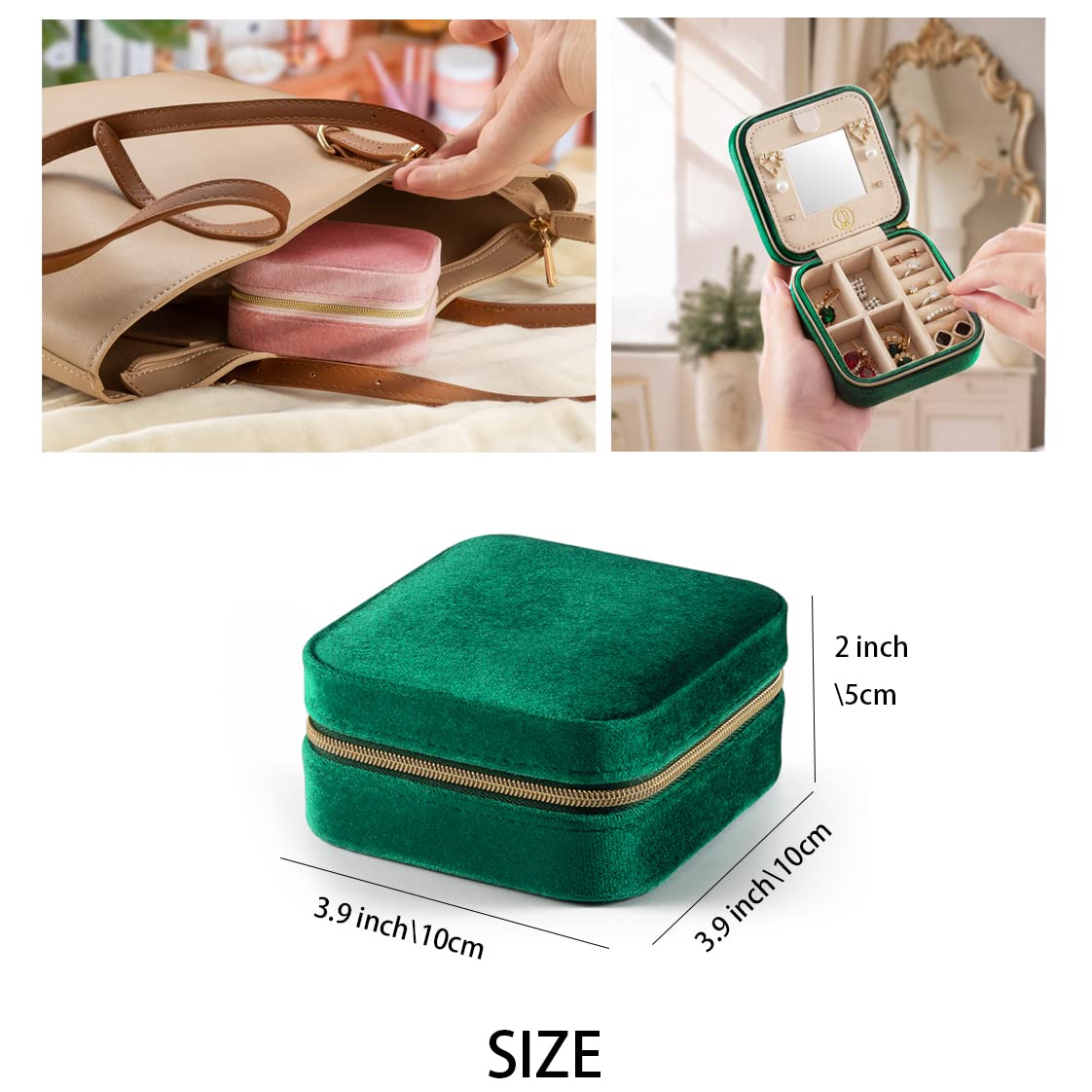 ZPROW Plush Velvet Travel Jewelry Case, Organizer, Box, Small Case for Women, Earring Organizer with Mirror, Best Gifts For Daughter, Girlfriend, Mom | Gifts For Her - Emerald Green