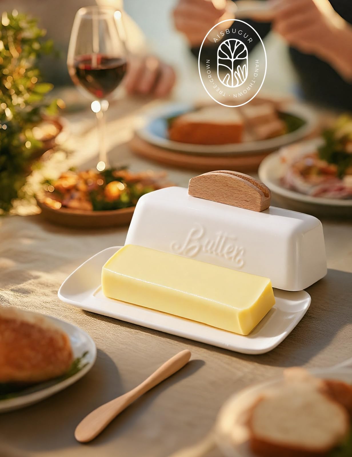 Butter Dish with Lid and Knife Ceramic Butter Holder for Counter Humanized Clamp-able Knife Handle Design, Perfect for East West Coast Butter, White