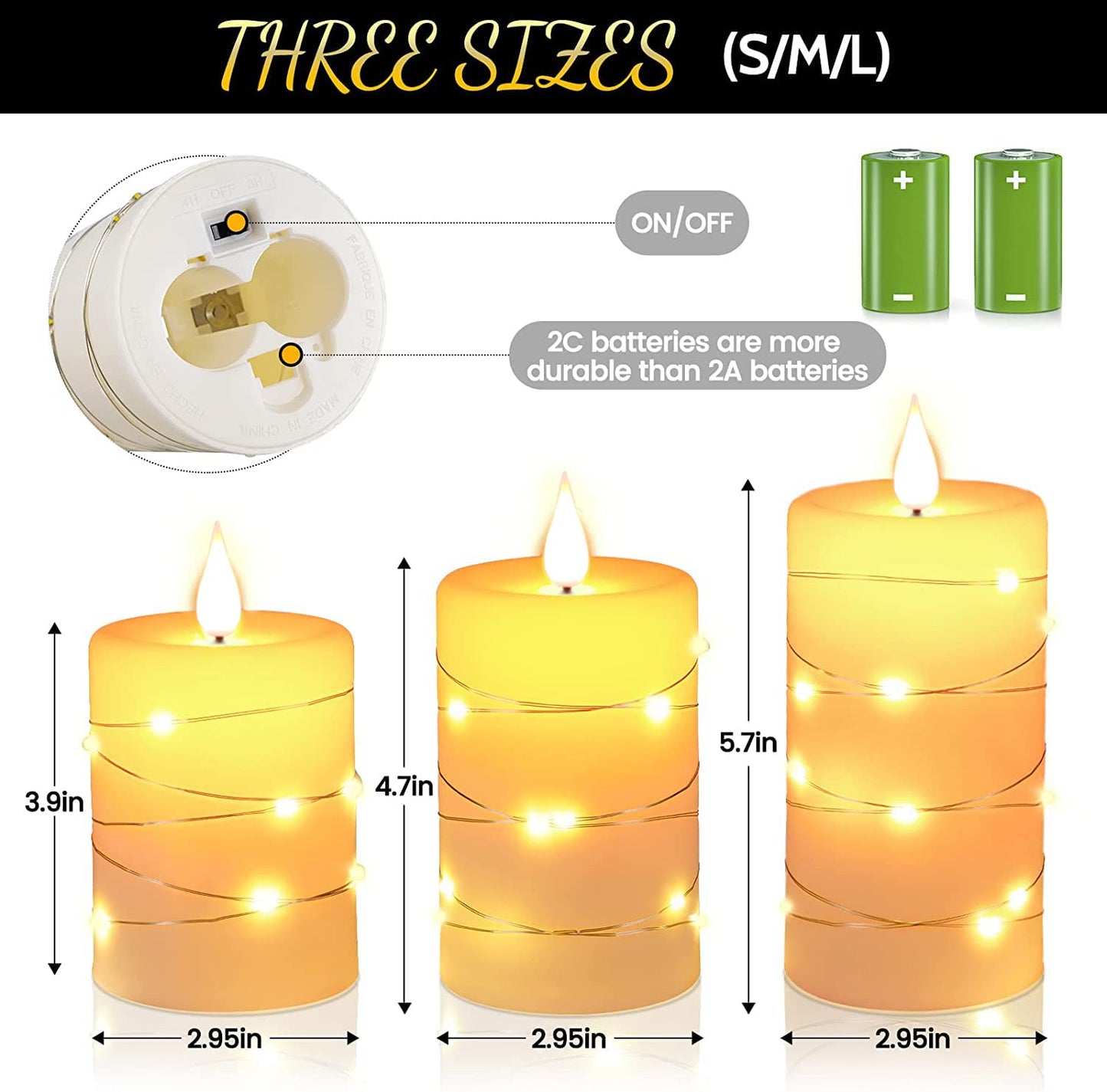 Da by 3 Pack Ivory Real Wax Flameless Taper Candles, Lifelike Flickering LED Flame Candles with Surrounding Fairy String Lights, Soft Warm Battery Candles with Remote for Home Wedding Holiday Decor