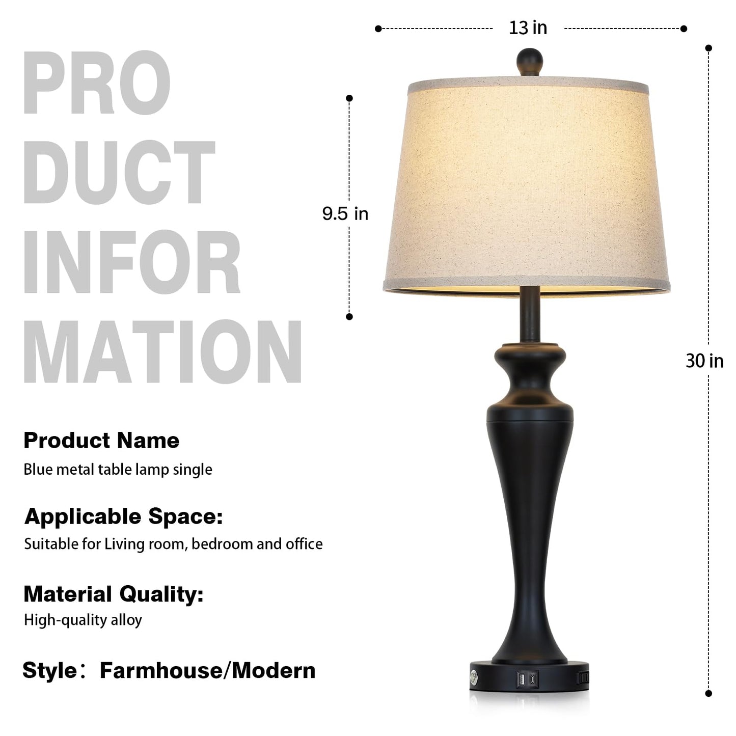 luxeflow 30 Inch Black Table Lamp Single, 3-Way Dimmable Touch Control Living Room Lamps with USB A+C Ports and AC Outlet, Tall Bedside Lamps for Nightstand, Modern Metal Bedroom Lamp, Bulb Included