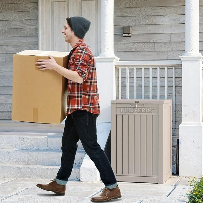 DRATO 48 Gallon Package Delivery Box, Large Lockable Storage Box, Double-Wall Resin Outdoor Package Delivery and Waterproof Deck Box for Porch, Patios( Grey,48 Gallon)