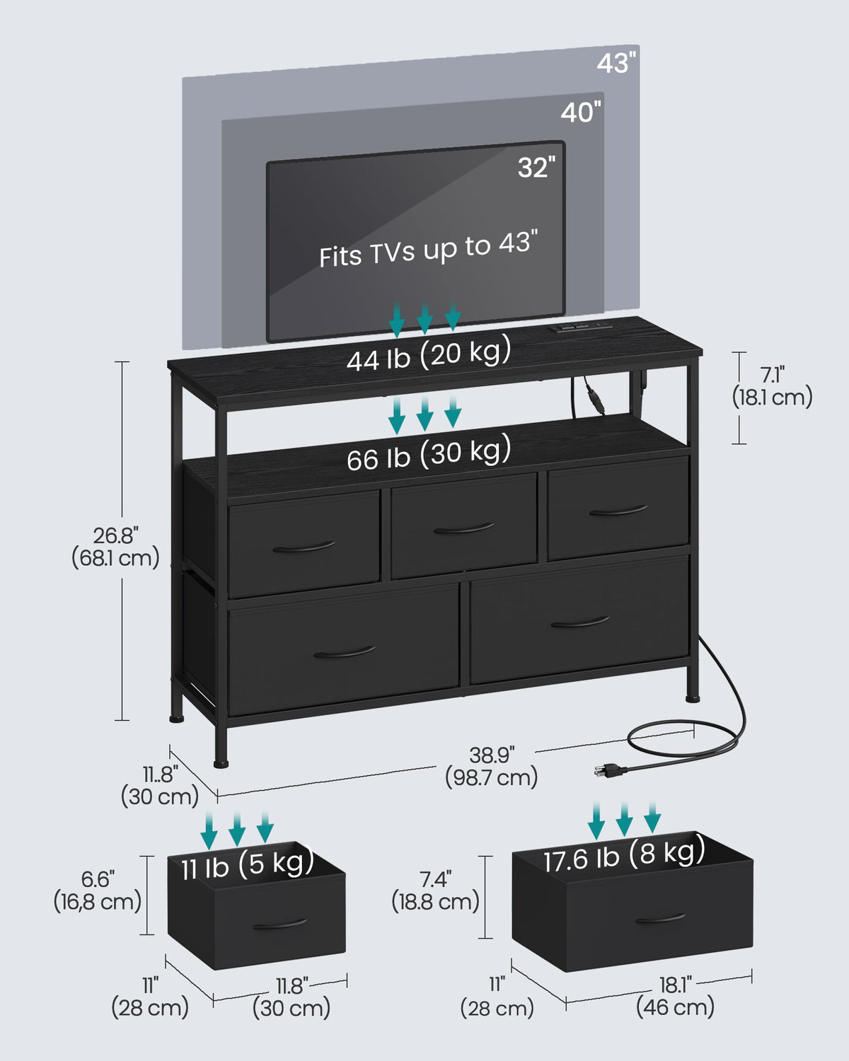 SONGMICS BELLAH Collection - Dresser for Bedroom with App-Controlled LED Lights and Charging Station, Chest of Drawers, TV Stand, 5 Drawers, Shelf, Modern, Ink Black ULGS723BH02S