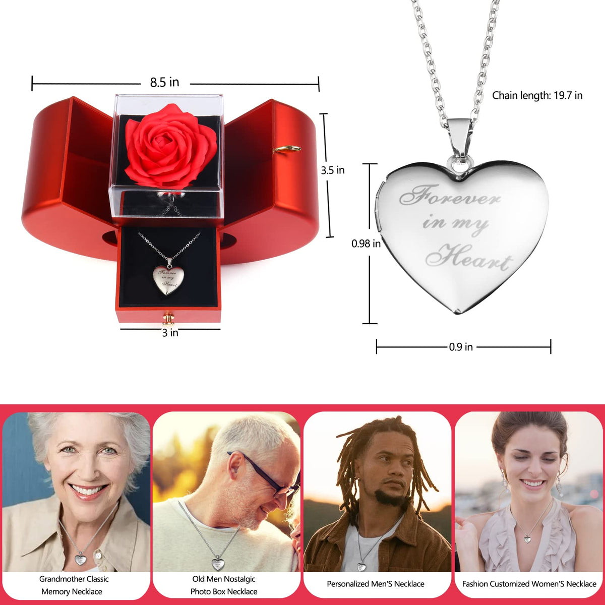 SOVIUPRZ Preserved Real Roses Birthday for Women Cherish These Eternal Flowers with Forever in My Heart Photo Necklace Rose Heart Box to My Love Romantic for Her Girlfriend Wife Mother Mom Grandma