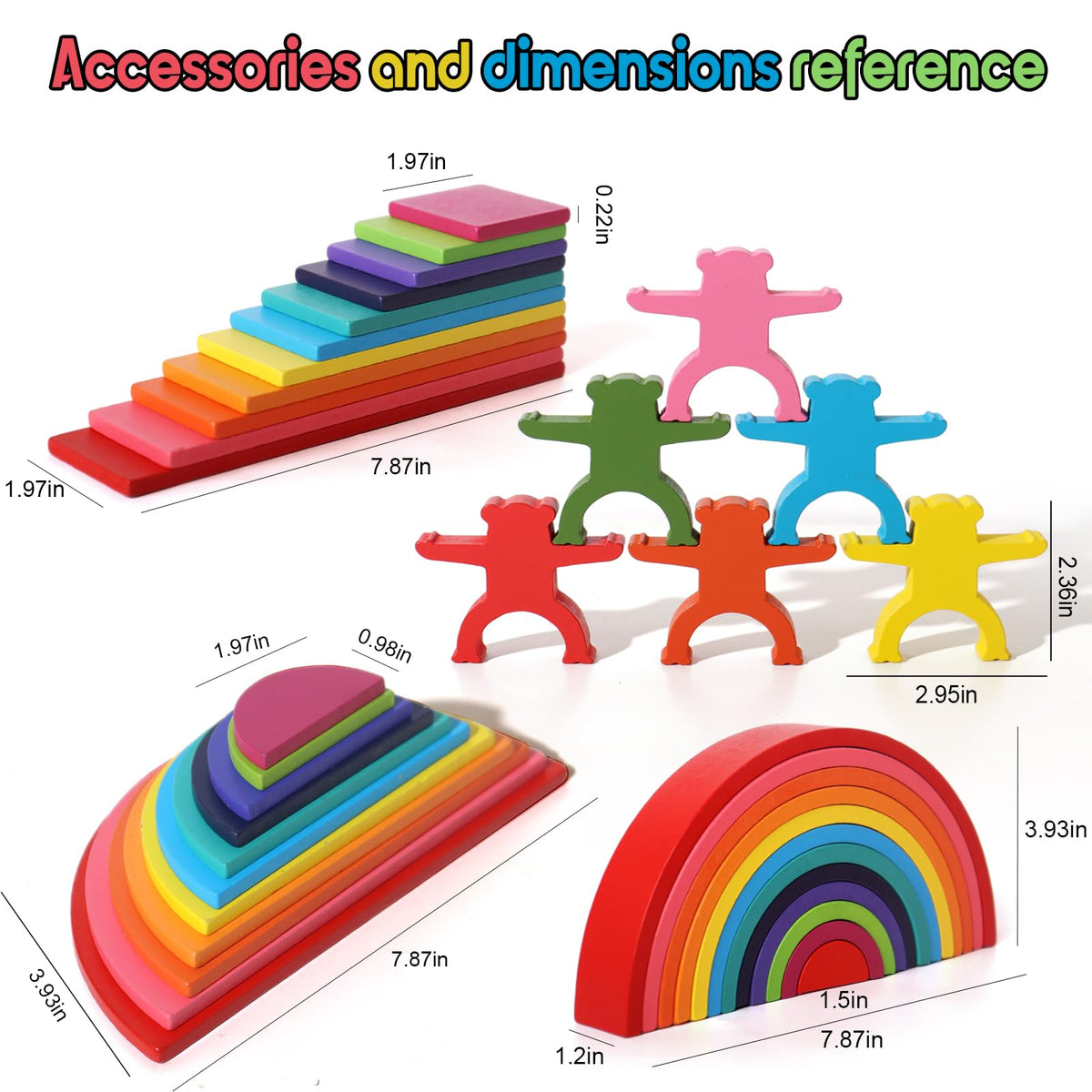 Dinhon 40-Piece Wooden Rainbow Stack Set, 4-in-1 Building Blocks preschoolers Early Development & Activity Toys Montessori Toys for Kids 1 2 3 4 Years and Older Gifts for Boys and Girls