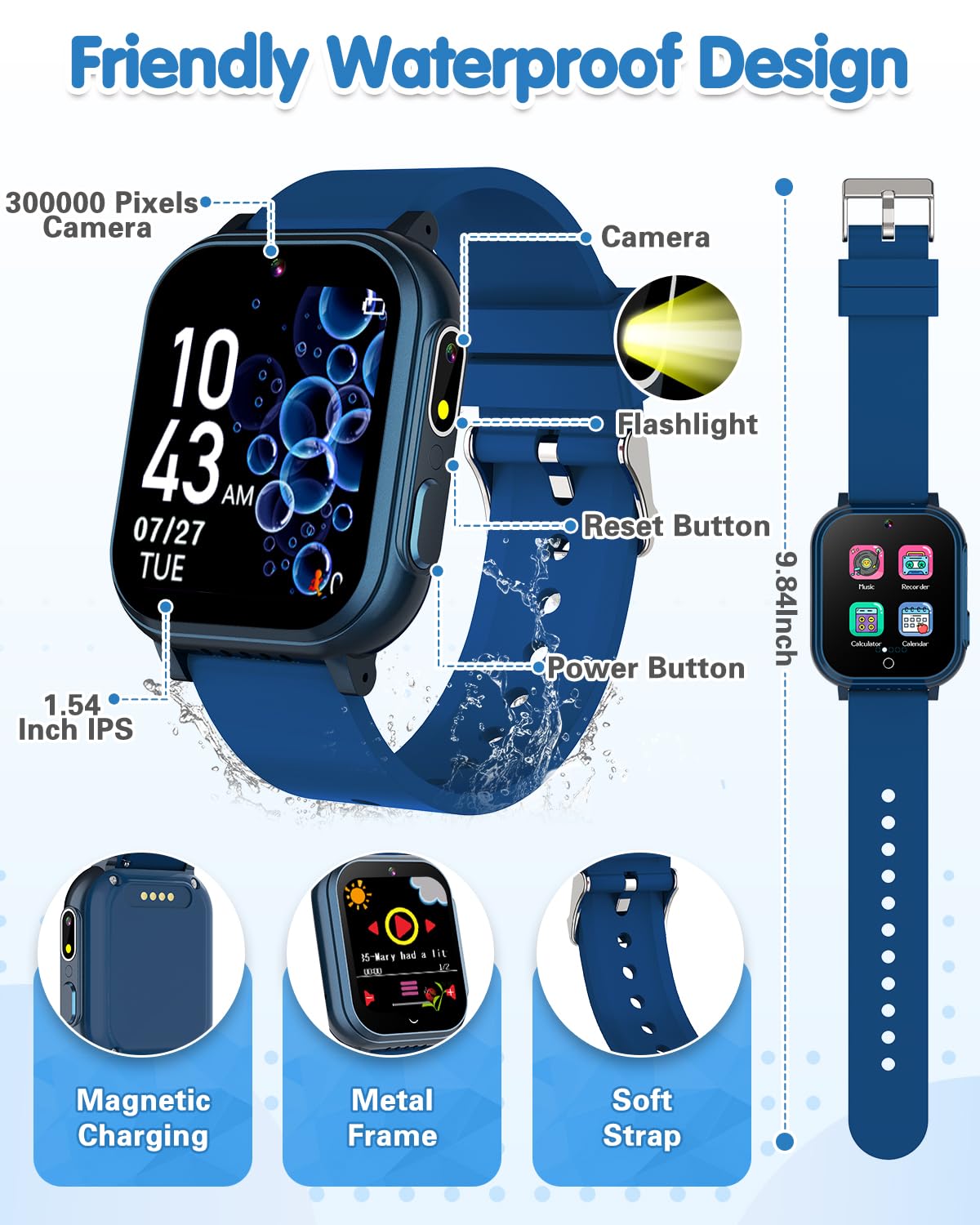 Waterproof Smart Watch for Kids with 32 Games Dual Camera, Habit Tracking, Alarm, Pedometer, HD Touchscreen with Protector, Kids Watch Toys for Boy Age 5-12 Christmas Birthday Gift Boys Girls(Blue)