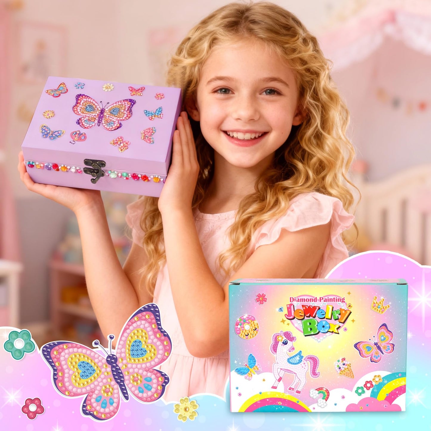 PinkSheep Arts and Crafts for Girls 6-12,Butterfly Jewelry Box for Girls,DIY Treasure Keepsake Box with Necklace & Bracelet Make It Set Gift