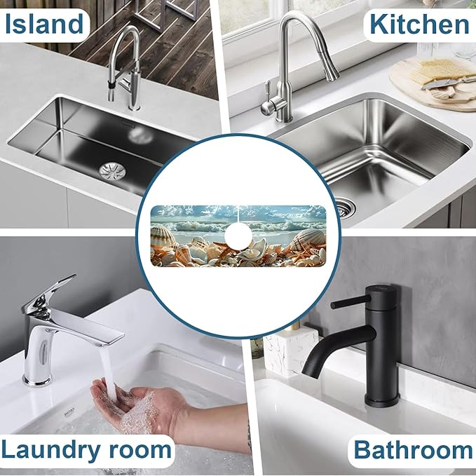 Beach Kitchen Sink Splash Guard Faucet Mat Shells Starfish Waves Super