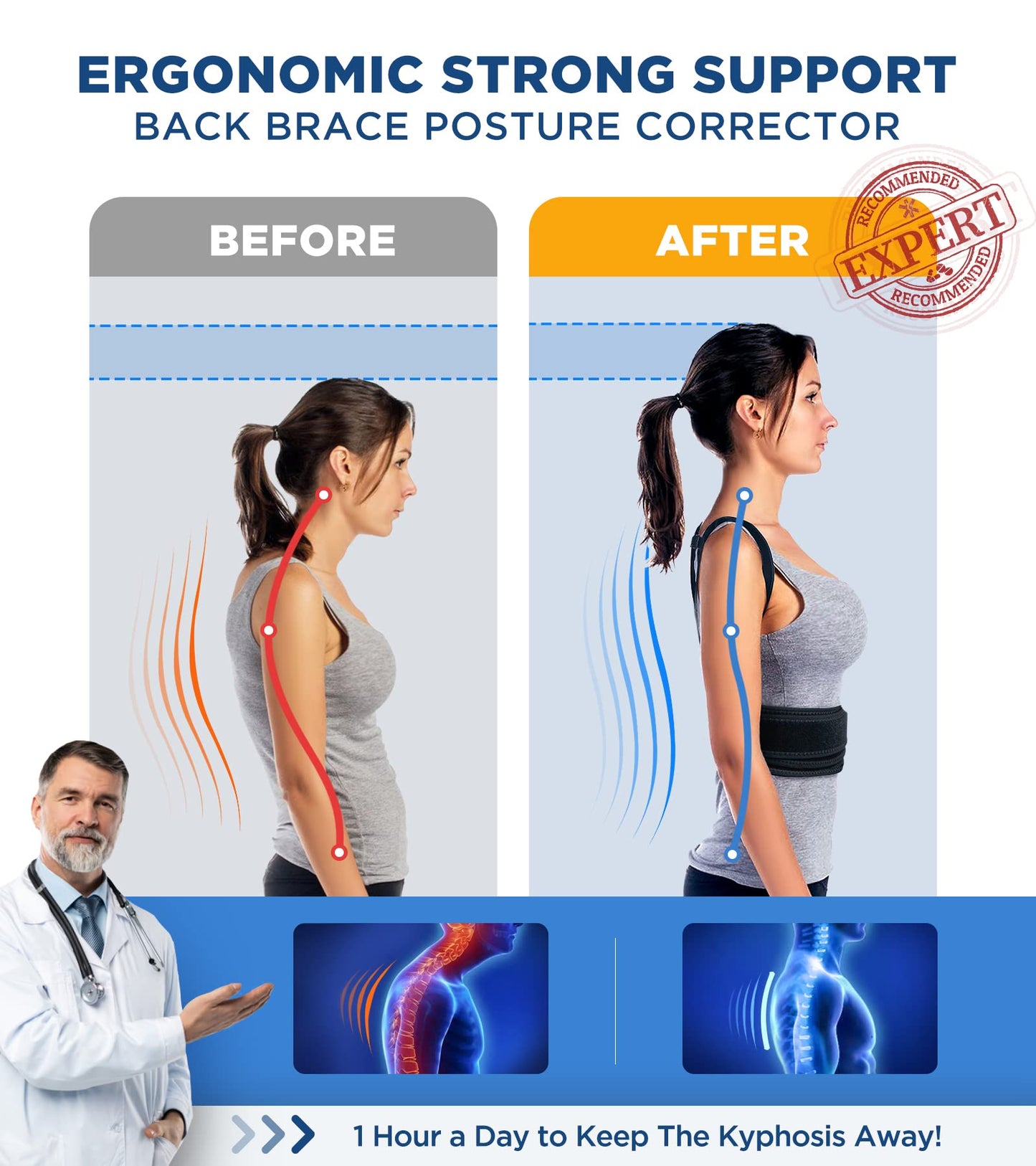 FILLOVE Posture Corrector for Women and Men with Magnetic Therapy Back Support, Strong Traction & Fully Adjustable Upper Back Brace Back Straightener for Neck, Clavicle, Spine and Shoulder Pain Relief
