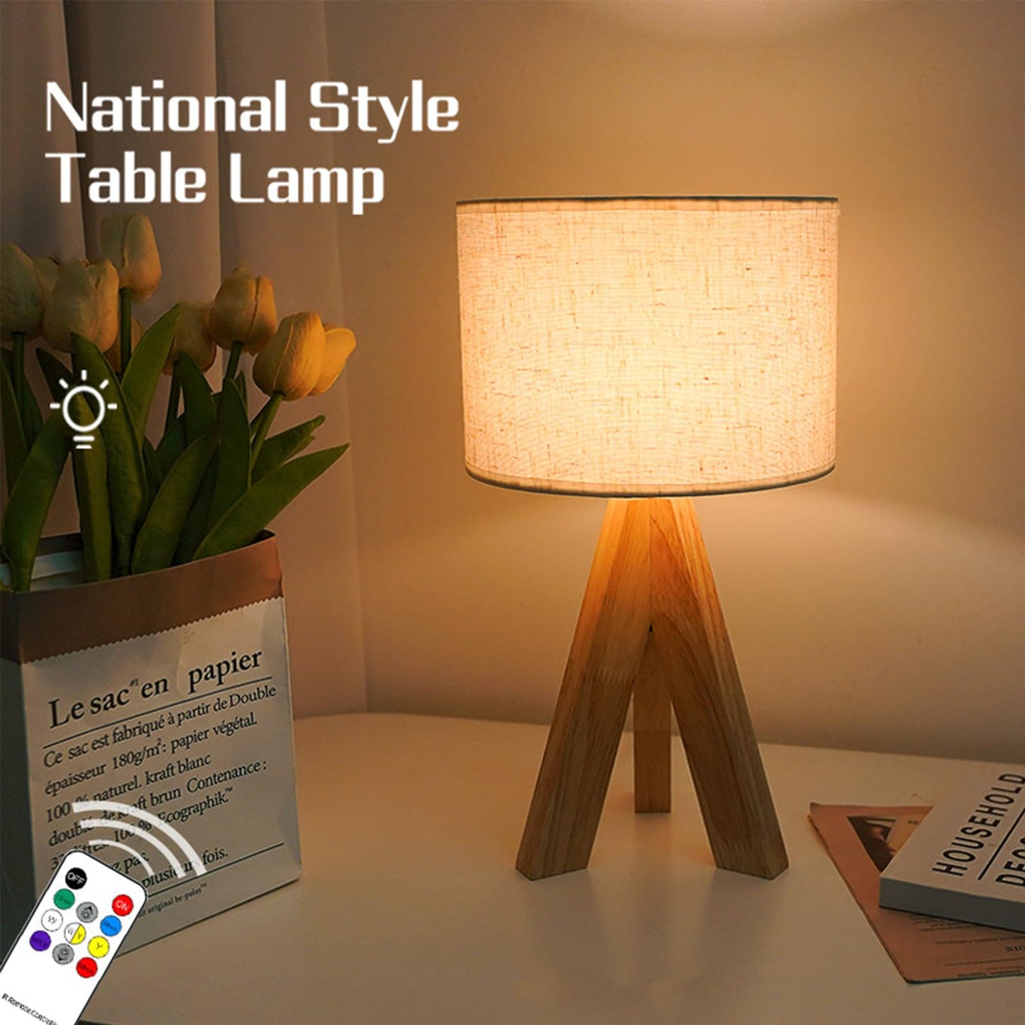 Tripod Table Lamp, Small Cute Bedside Lamp with Linen Beige Lampshade, Nightstand Lamp for Nursery, Bedroom, Kid Room, Living Room, Light Brown Wooden Base, E26 Socket, 12.8Inch, 3000K, 4500K, 6000K