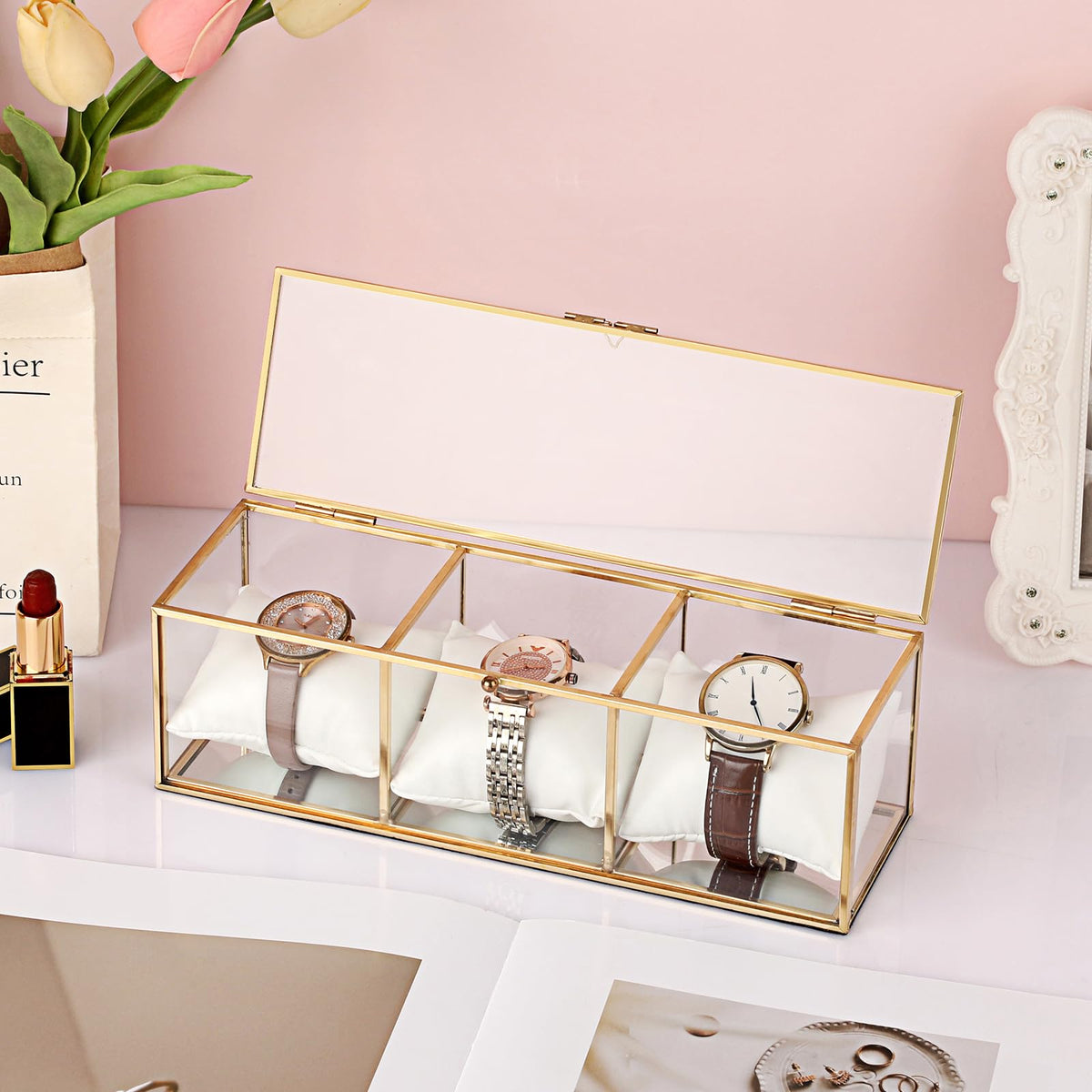 JUXYES Clear Glass Watch Display Case with 3 Slots, Luxury Brass Glass Watch Organizer Holder Stand with White Watch Pillow, Modern Transparent Watch Collection Box for Men and Women, Gold