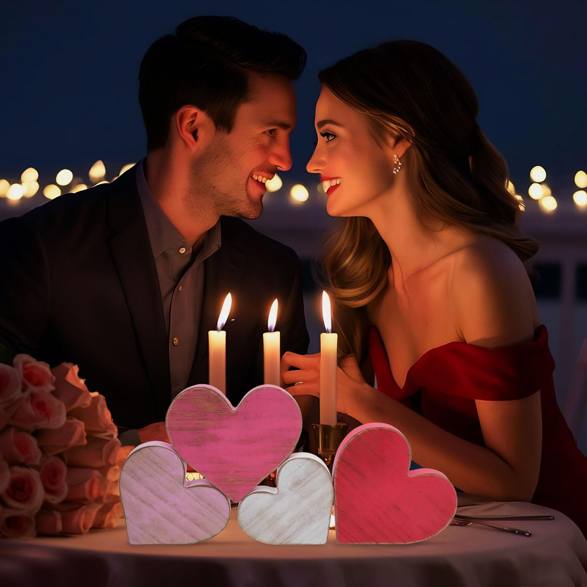 COCHIE Wooden Hearts Valentines Decorations Indoor, Wood Heart Blocks Tiered Tray Decor Set of 4, Red Pink White Valentine Decoration for Home Party Office Shelf Door (Retro)